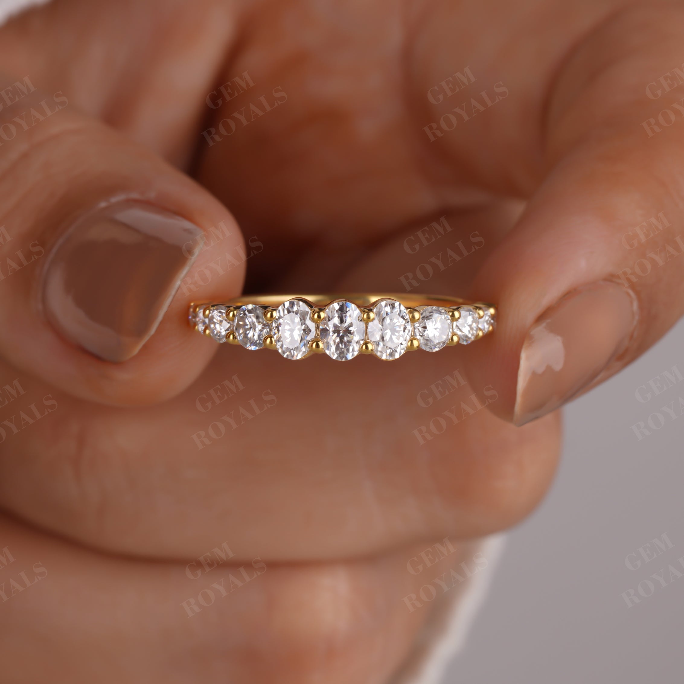 Oval and Round Cut Moissanite Half Eternity Wedding band