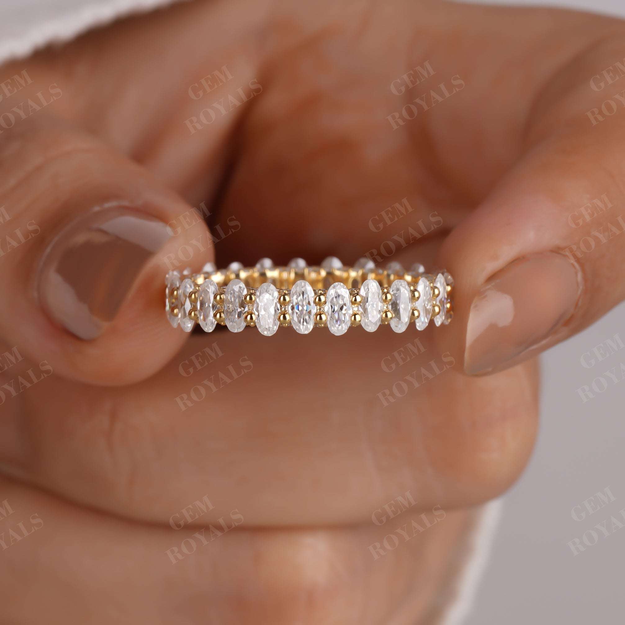 Vintage U Shape Hidden Halo Oval Diamond Full Eternity Wedding Band