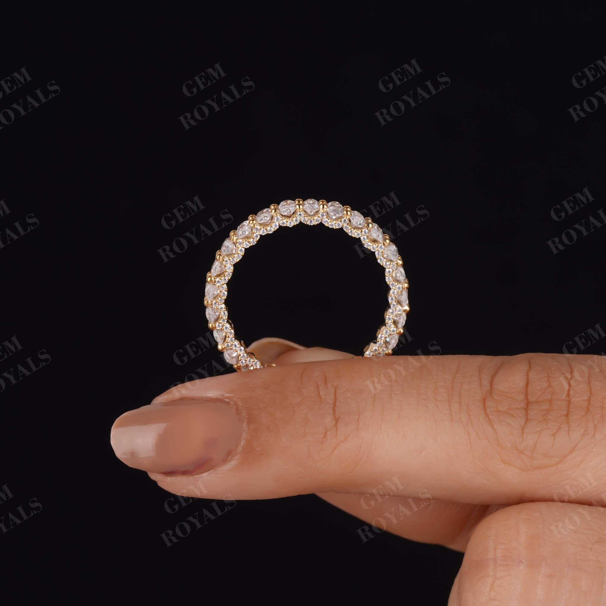 Vintage U Shape Hidden Halo Oval Diamond Full Eternity Wedding Band