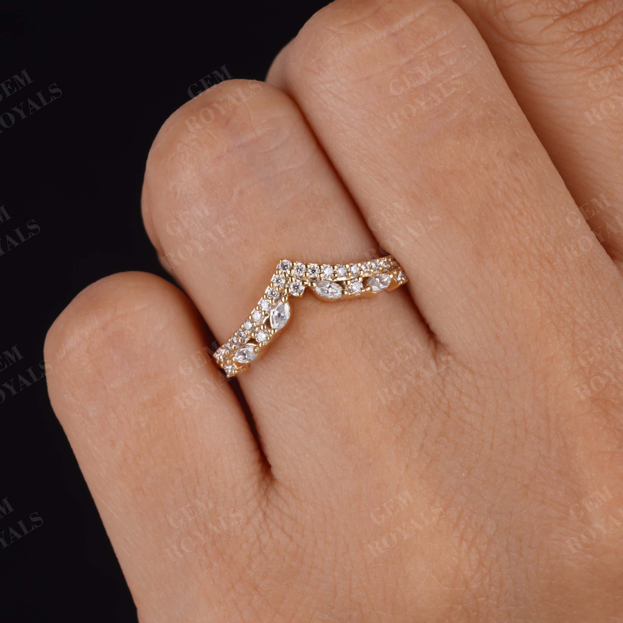 Unique Marquise And Round Moissanite Chevron wedding band