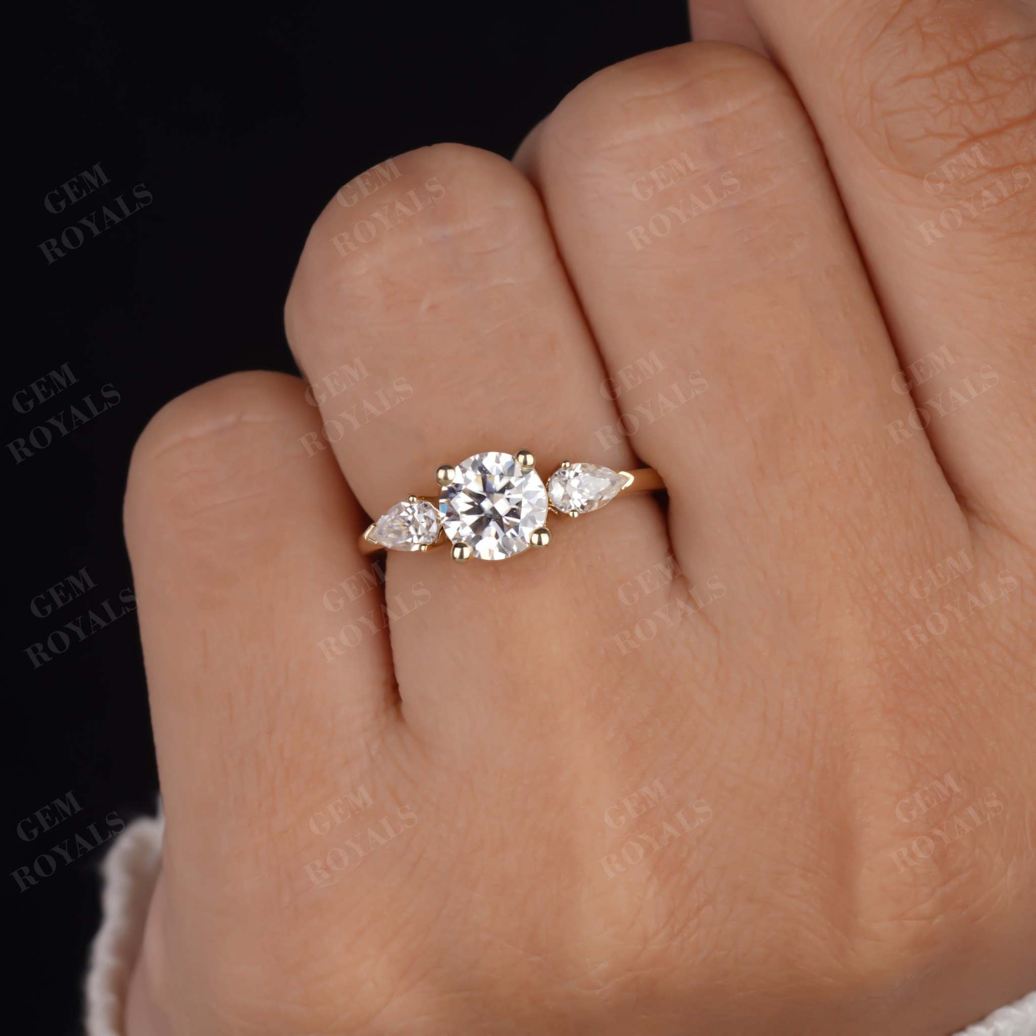 1.35 TCW Round and Pear Cut Moissanite Three Stone Engagement Ring