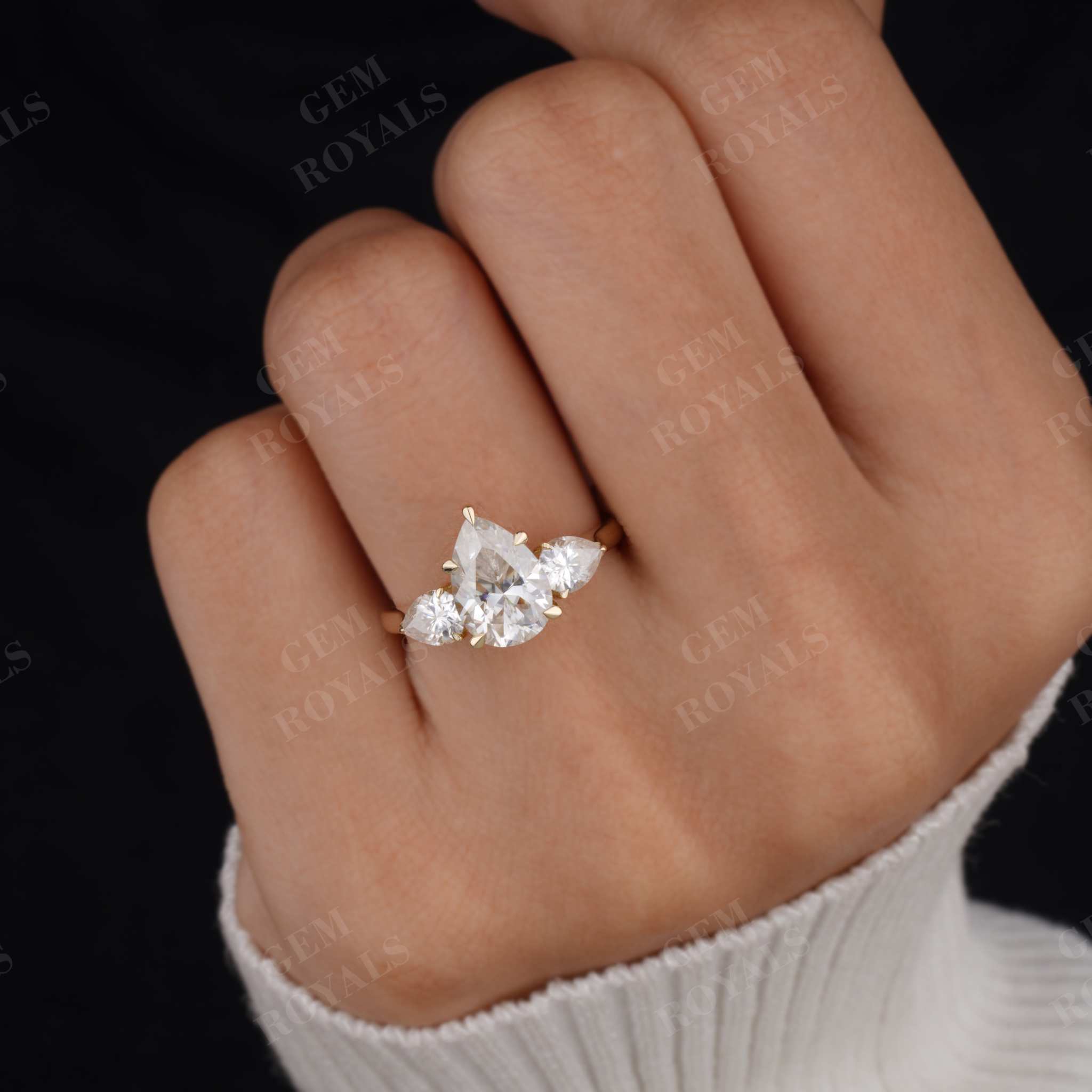 Pear Cut Moissanite Three Stone Engagement Ring