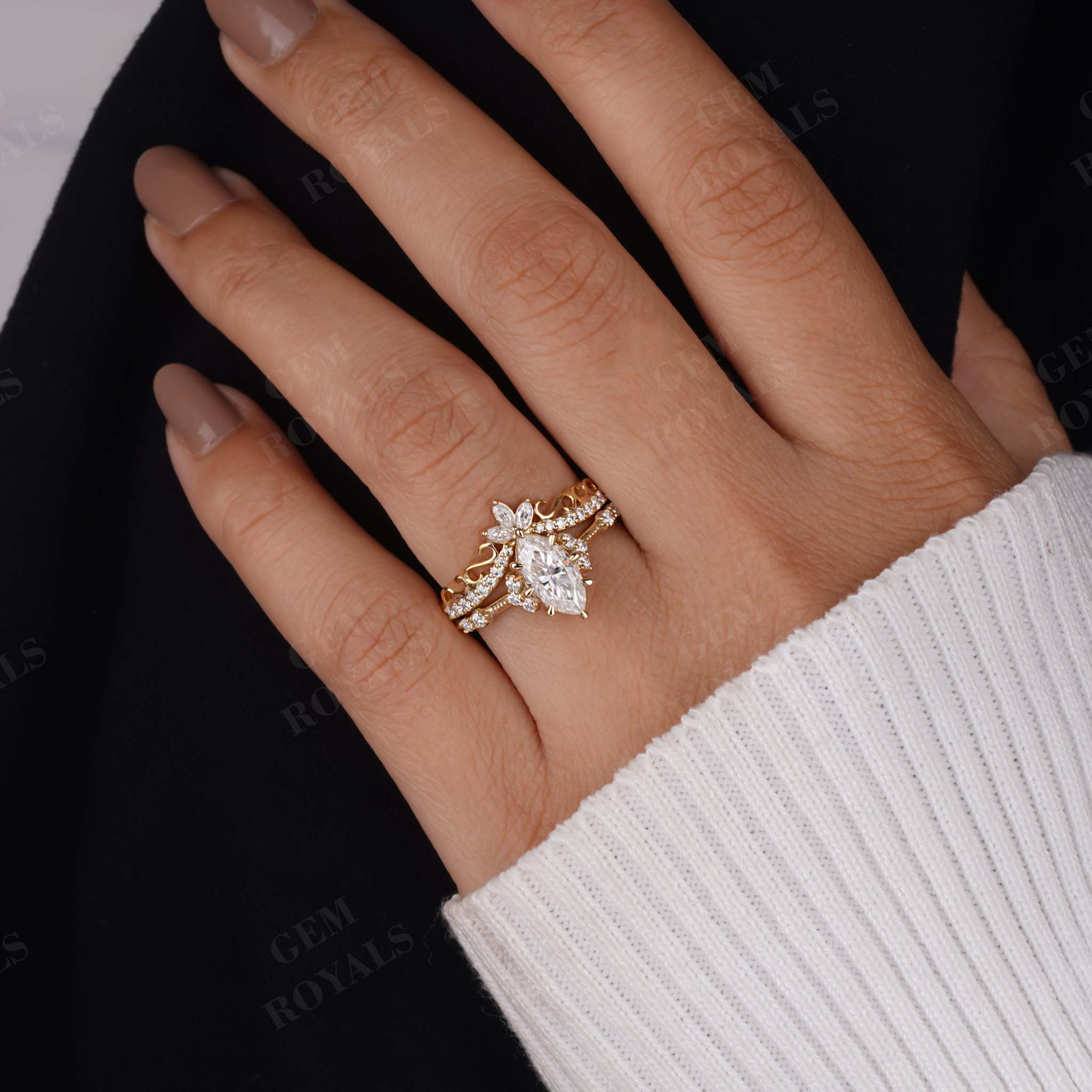 1.20TCW Marquise Cut Vintage Style Moissanite Wedding ring set