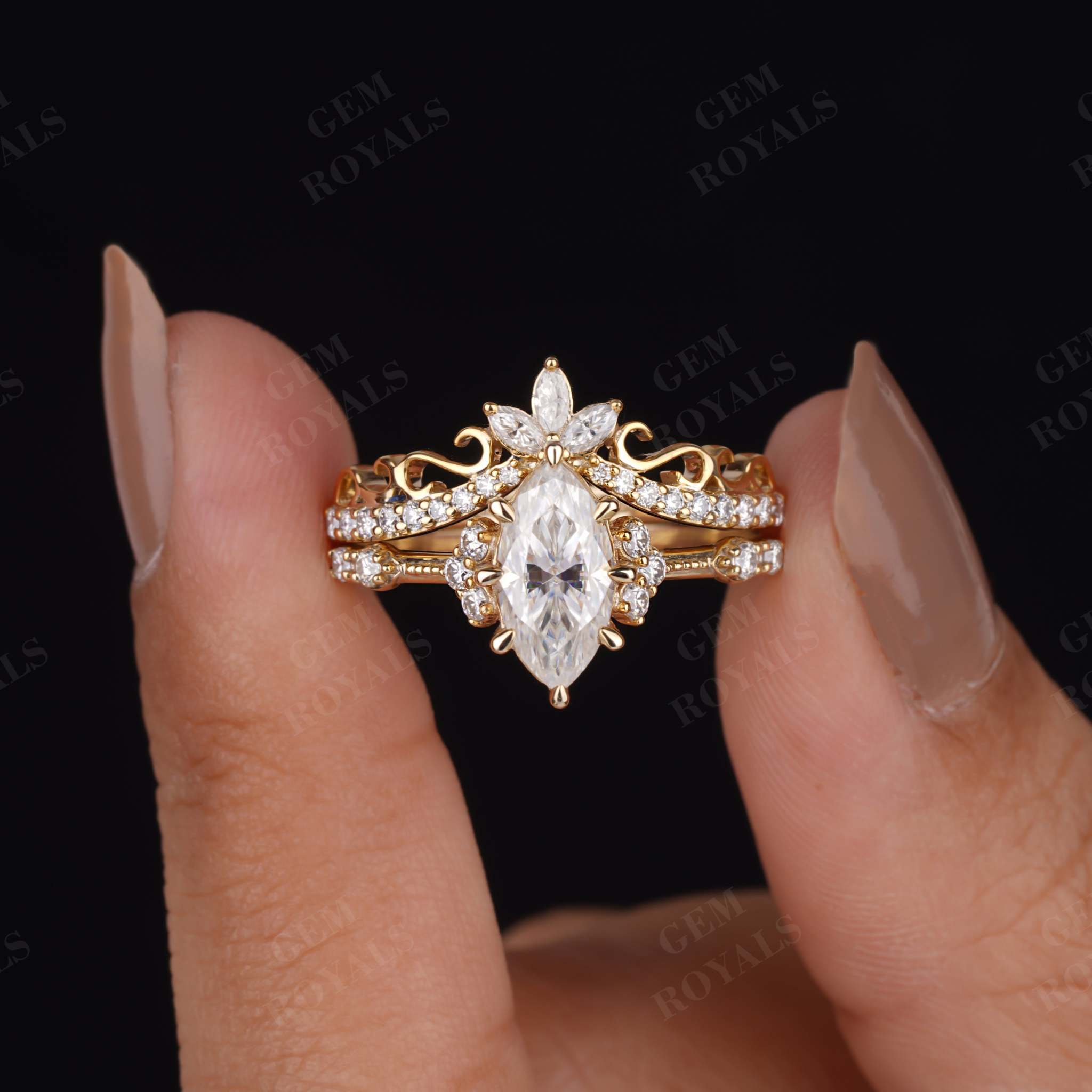 1.20TCW Marquise Cut Vintage Style Moissanite Wedding ring set