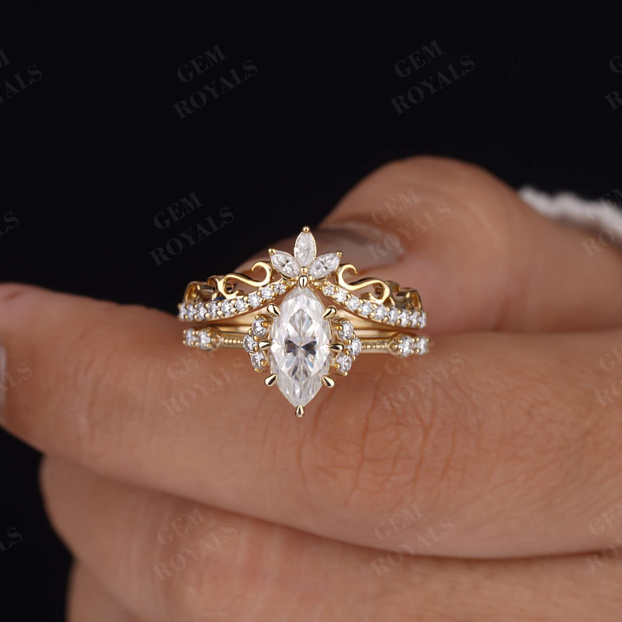 1.20TCW Marquise Cut Vintage Style Moissanite Wedding ring set