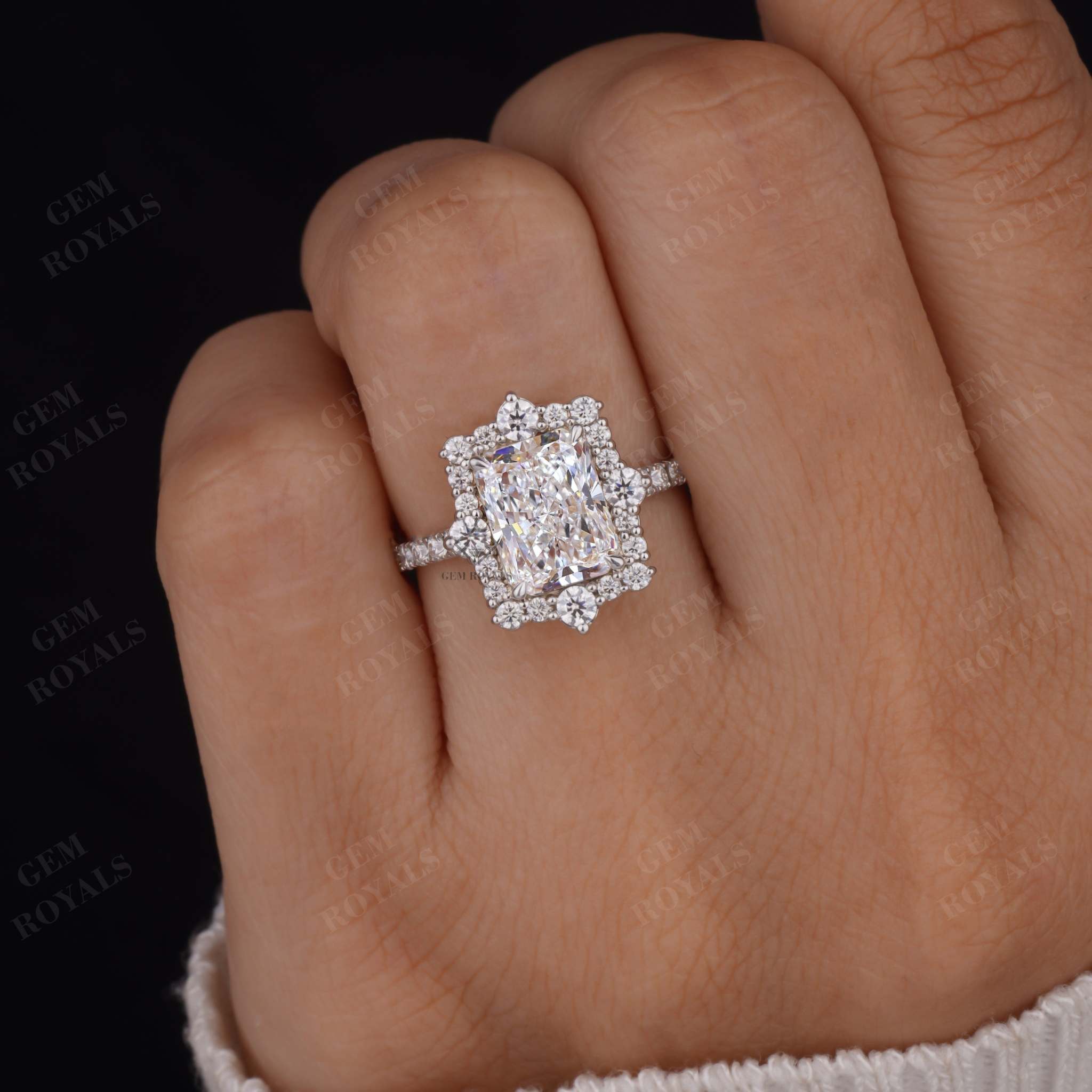 Art Deco Radiant Cut Lab Grown Diamond Halo Engagement Ring