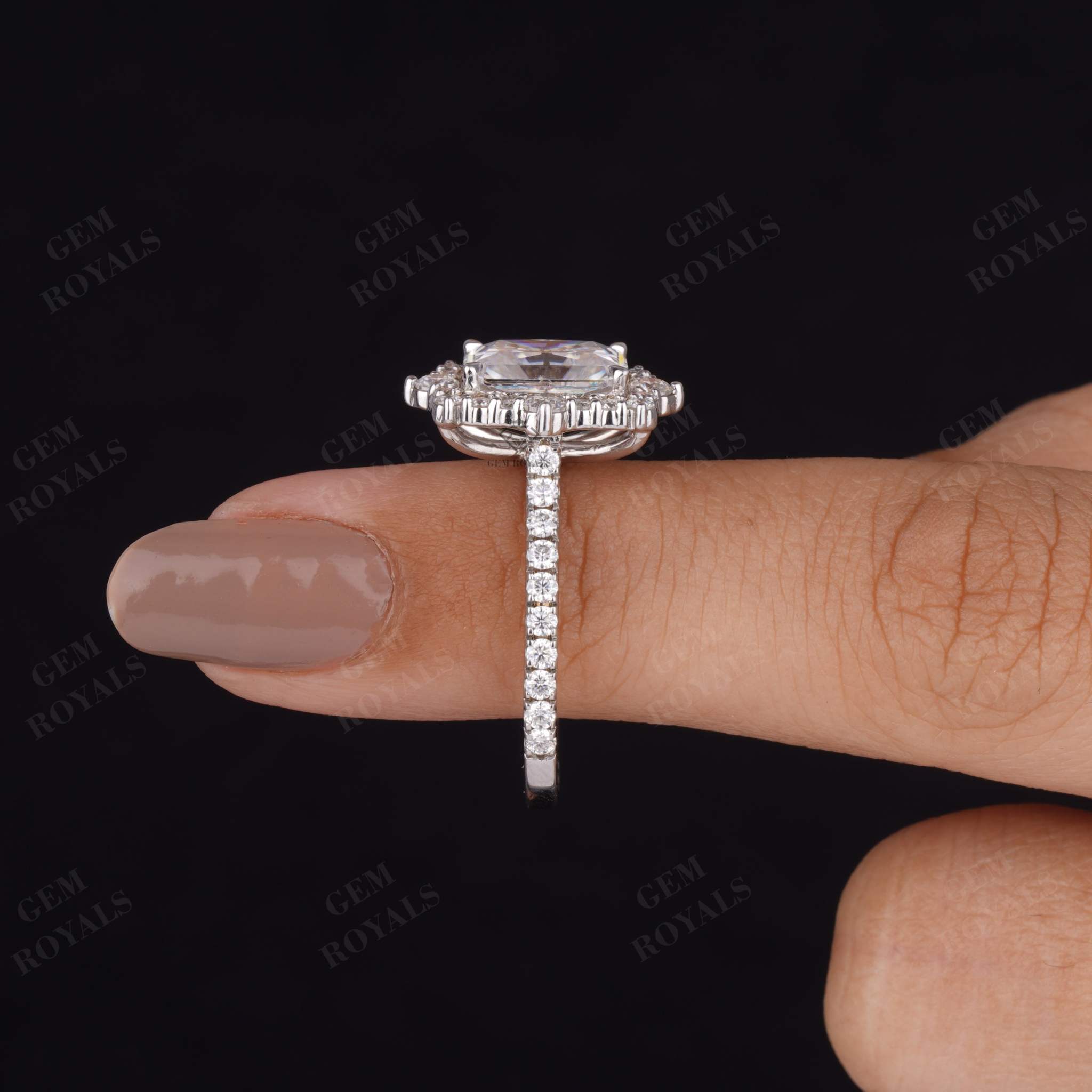 Art Deco Radiant Cut Lab Grown Diamond Halo Engagement Ring