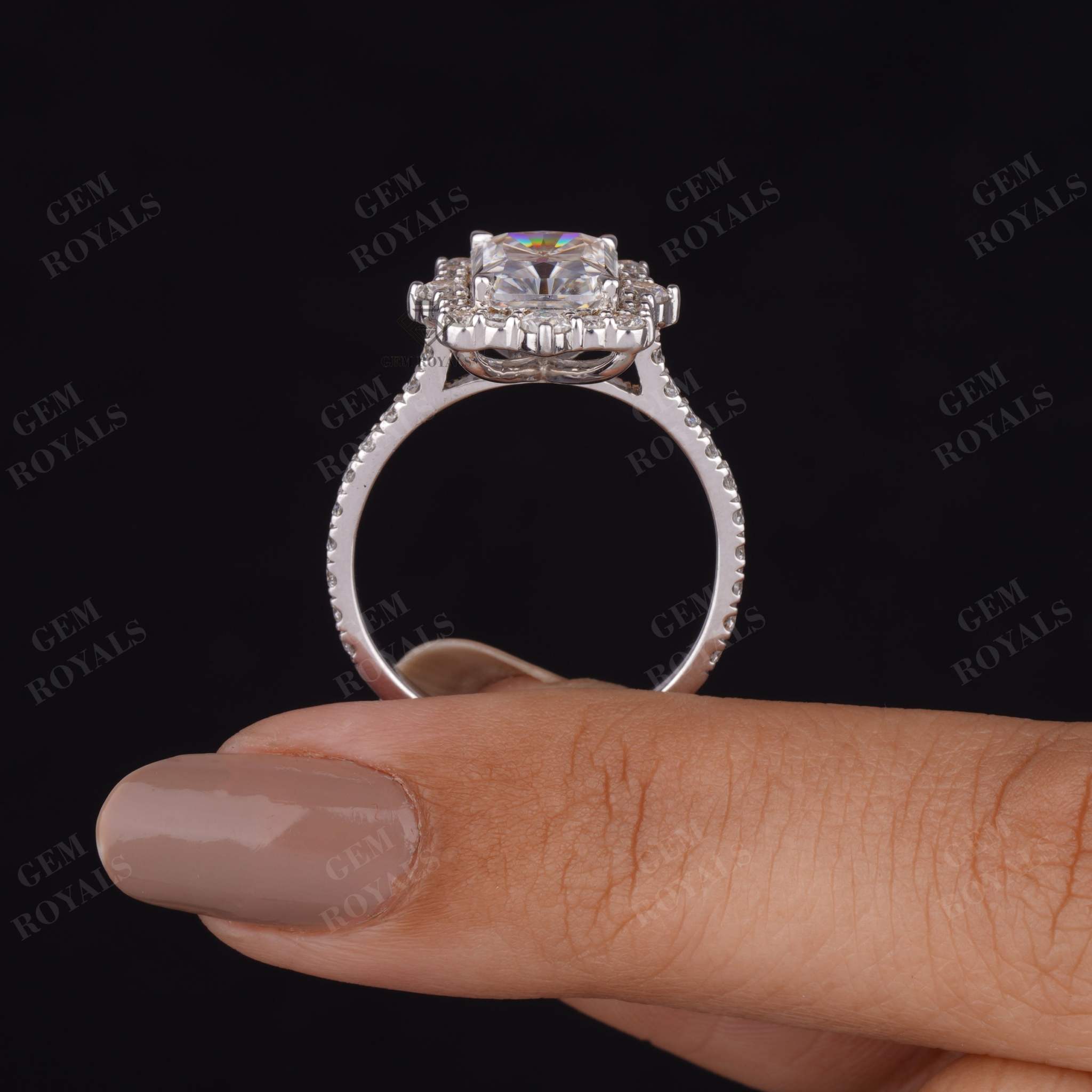 Art Deco Radiant Cut Lab Grown Diamond Halo Engagement Ring