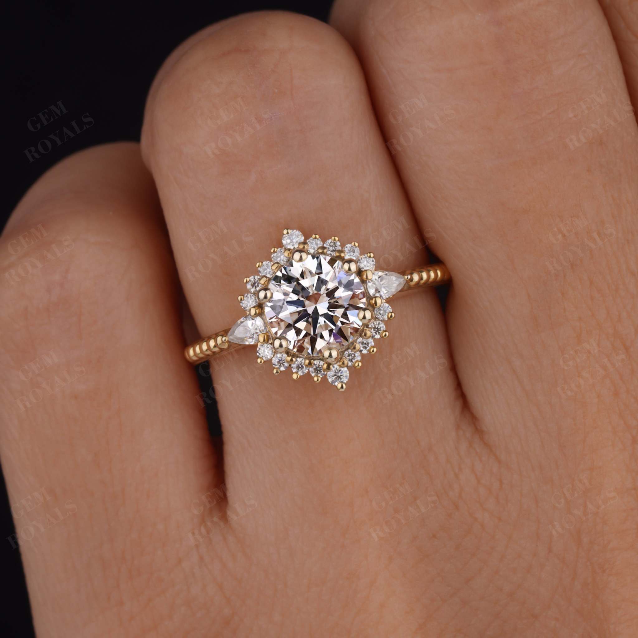 Art Deco Round Lab Grown Diamond Ring Halo Diamond Engagement Ring