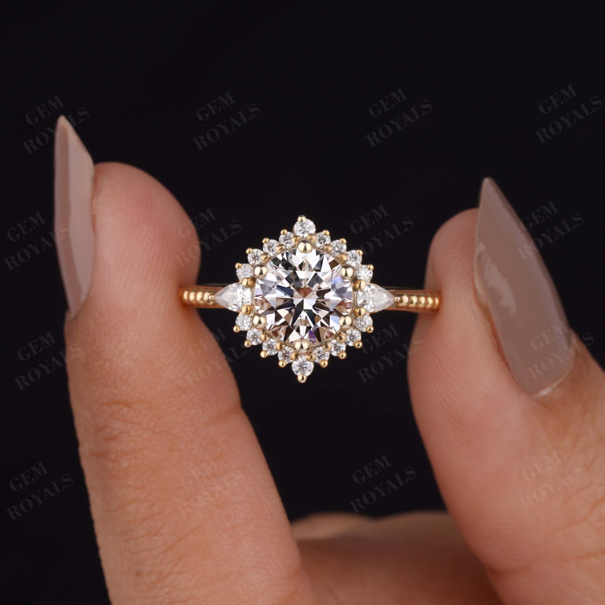 Art Deco Round Lab Grown Diamond Ring Halo Diamond Engagement Ring