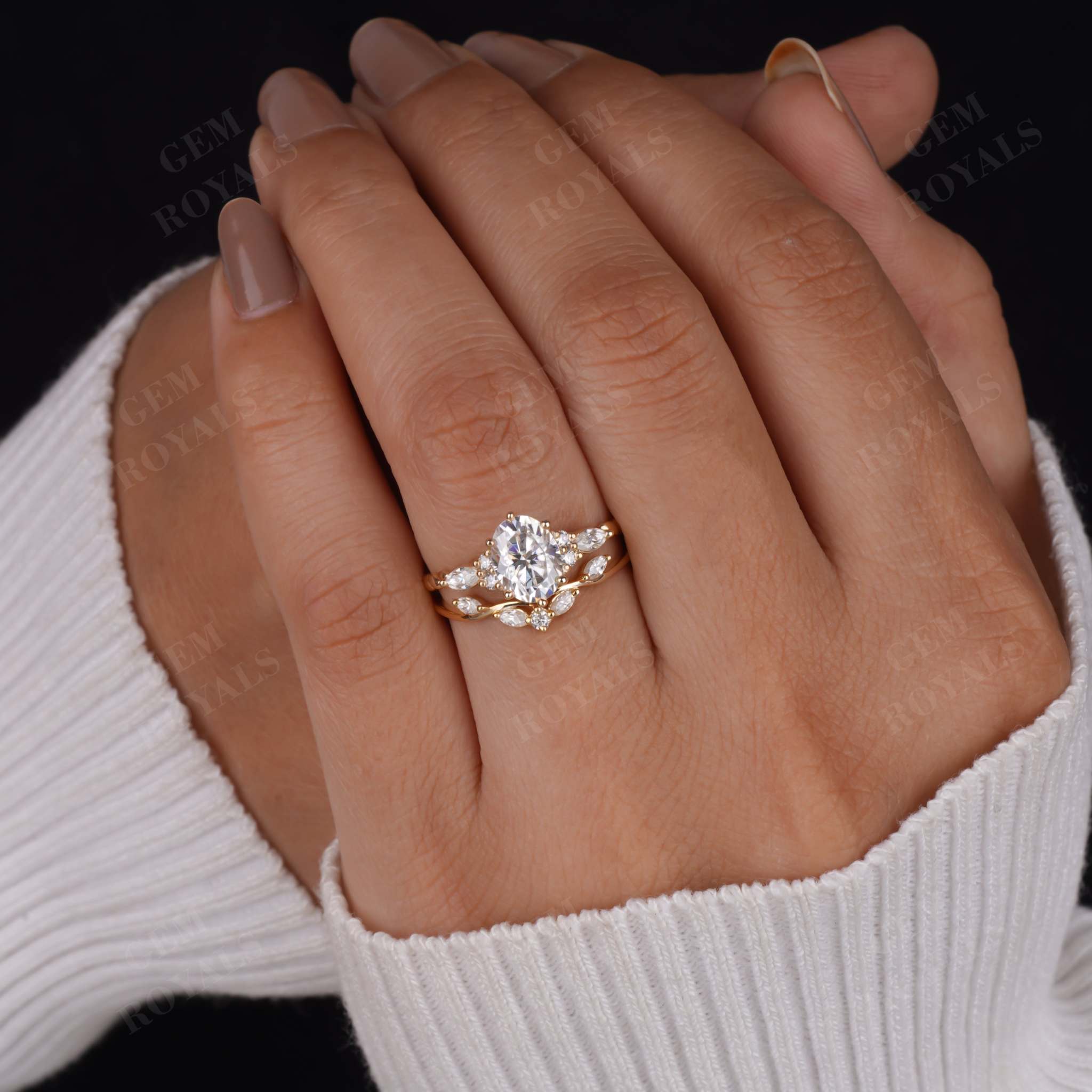 1.70ctw Oval Moissanite Vintage Bridal Wedding Ring Set