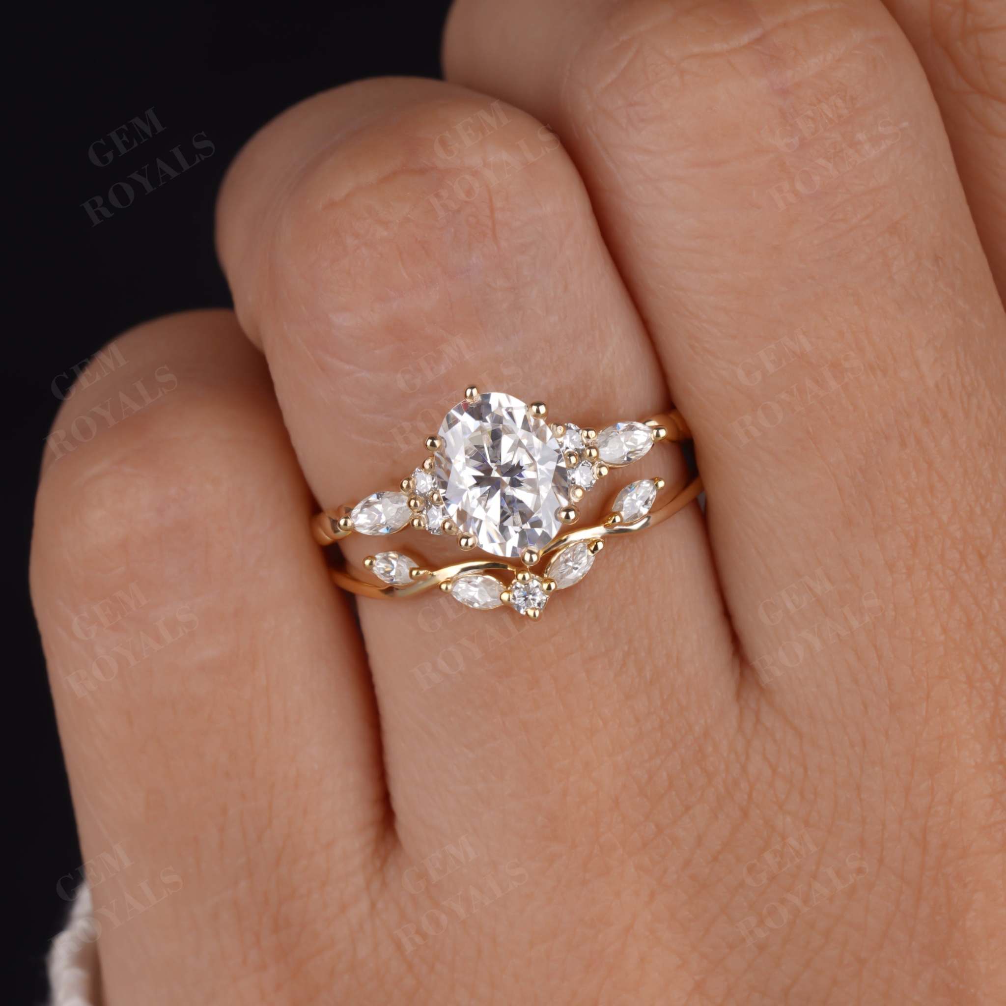 1.70ctw Oval Moissanite Vintage Bridal Wedding Ring Set