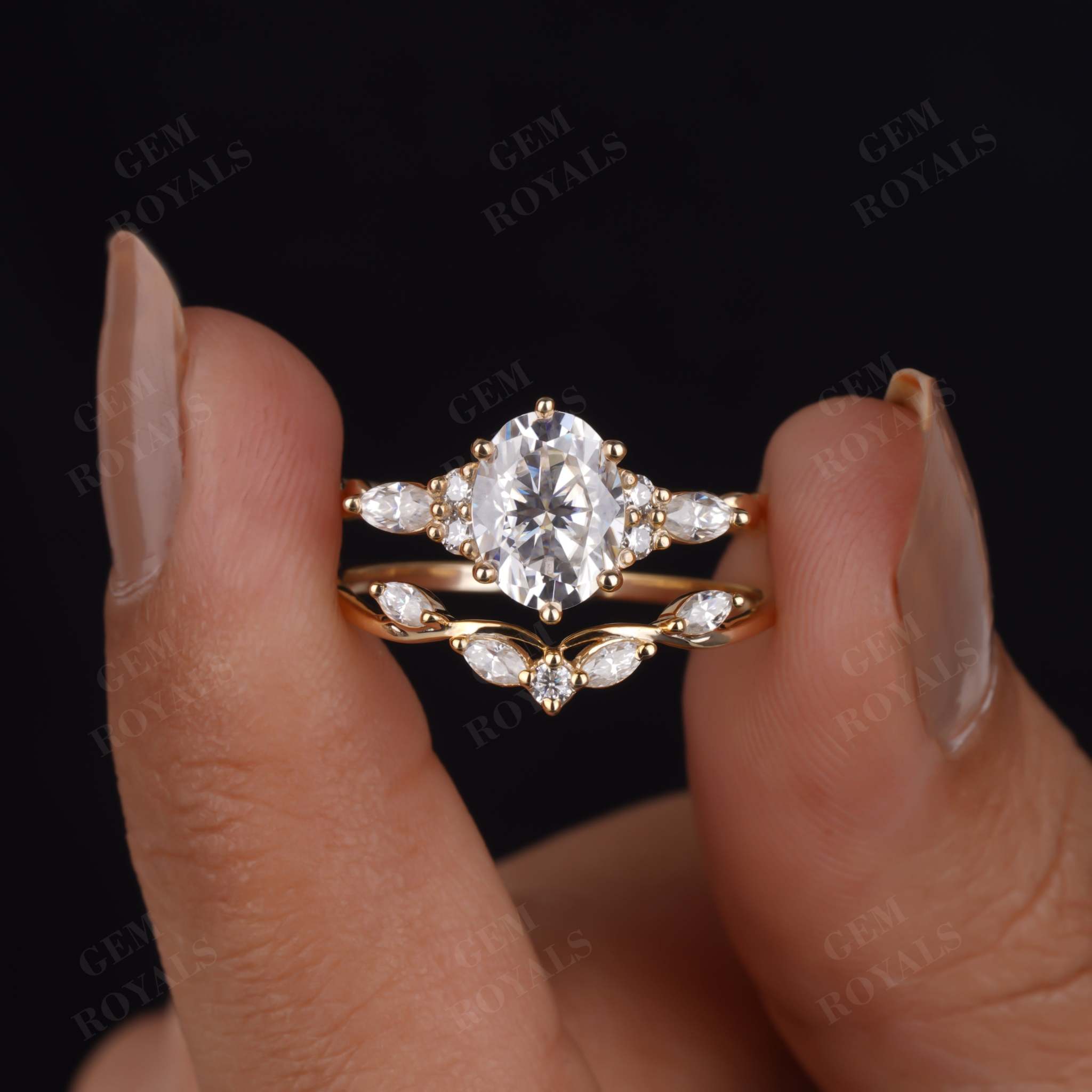 1.70ctw Oval Moissanite Vintage Bridal Wedding Ring Set