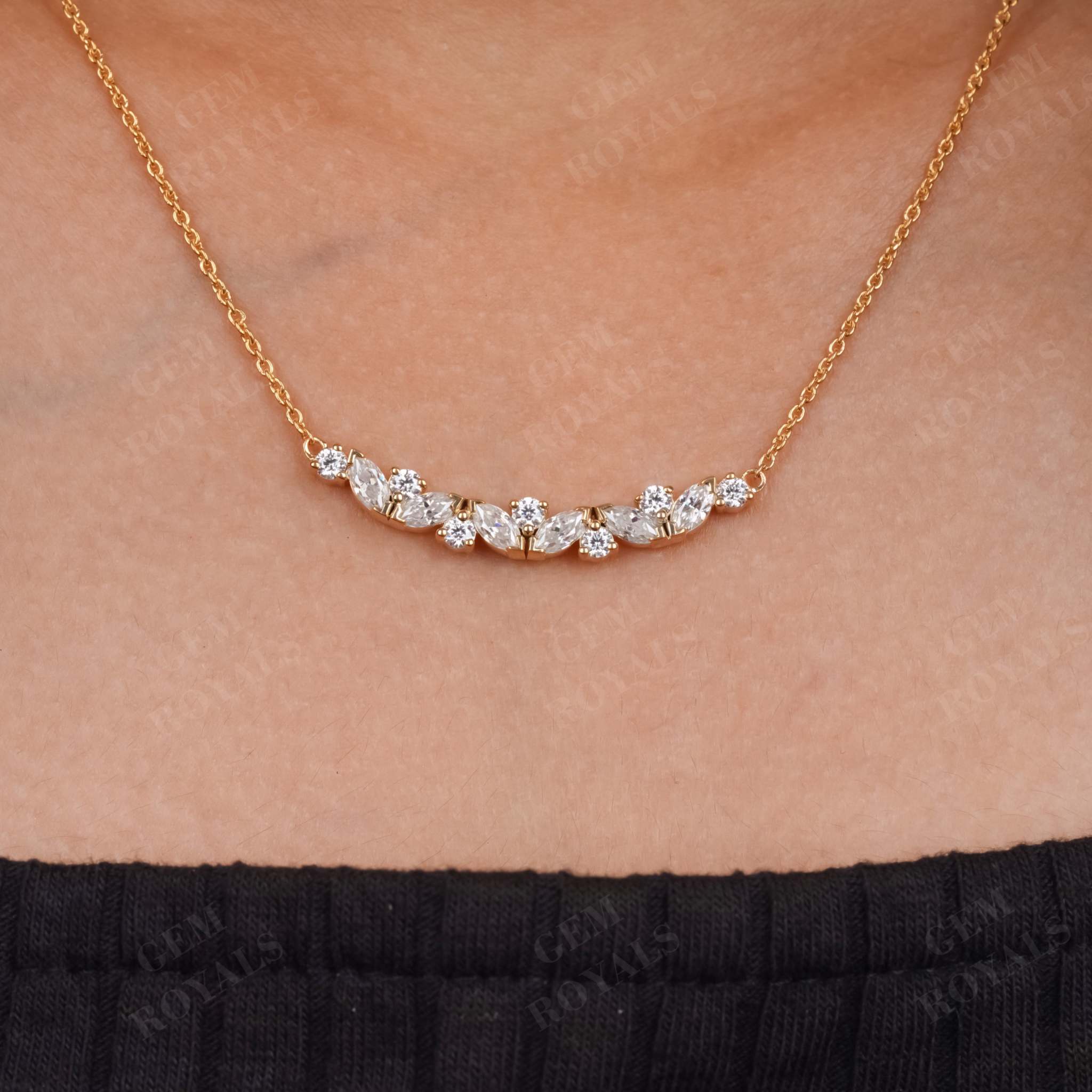 1.40TCW Marquise and Round Moissanite Cluster Curved Necklace