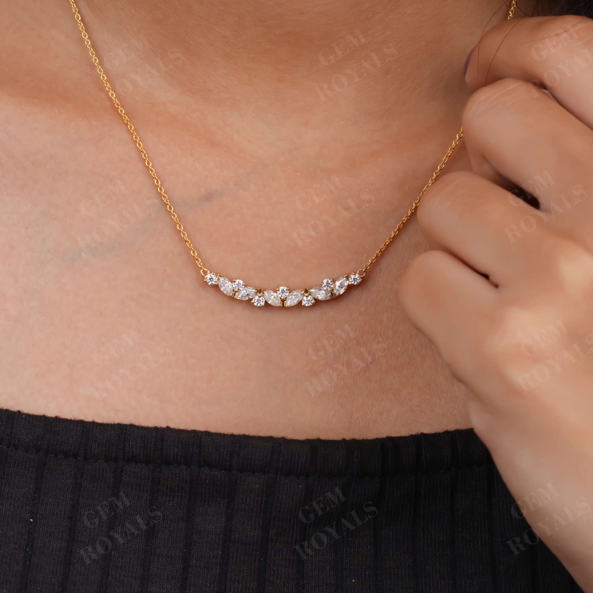 1.40TCW Marquise and Round Moissanite Cluster Curved Necklace