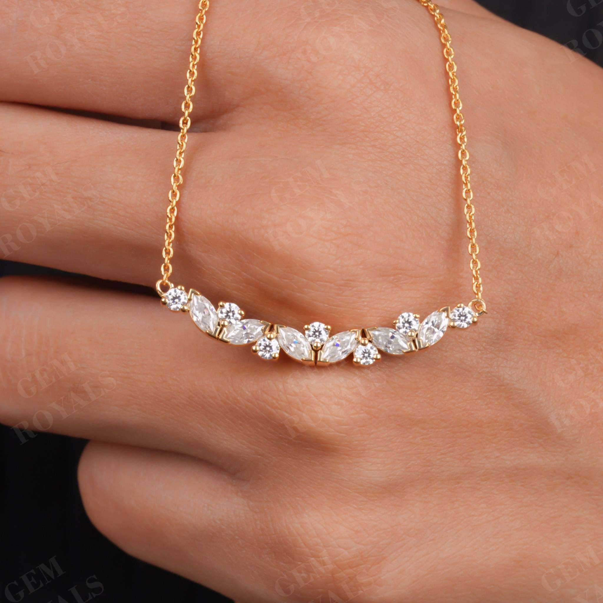 1.40TCW Marquise and Round Moissanite Cluster Curved Necklace