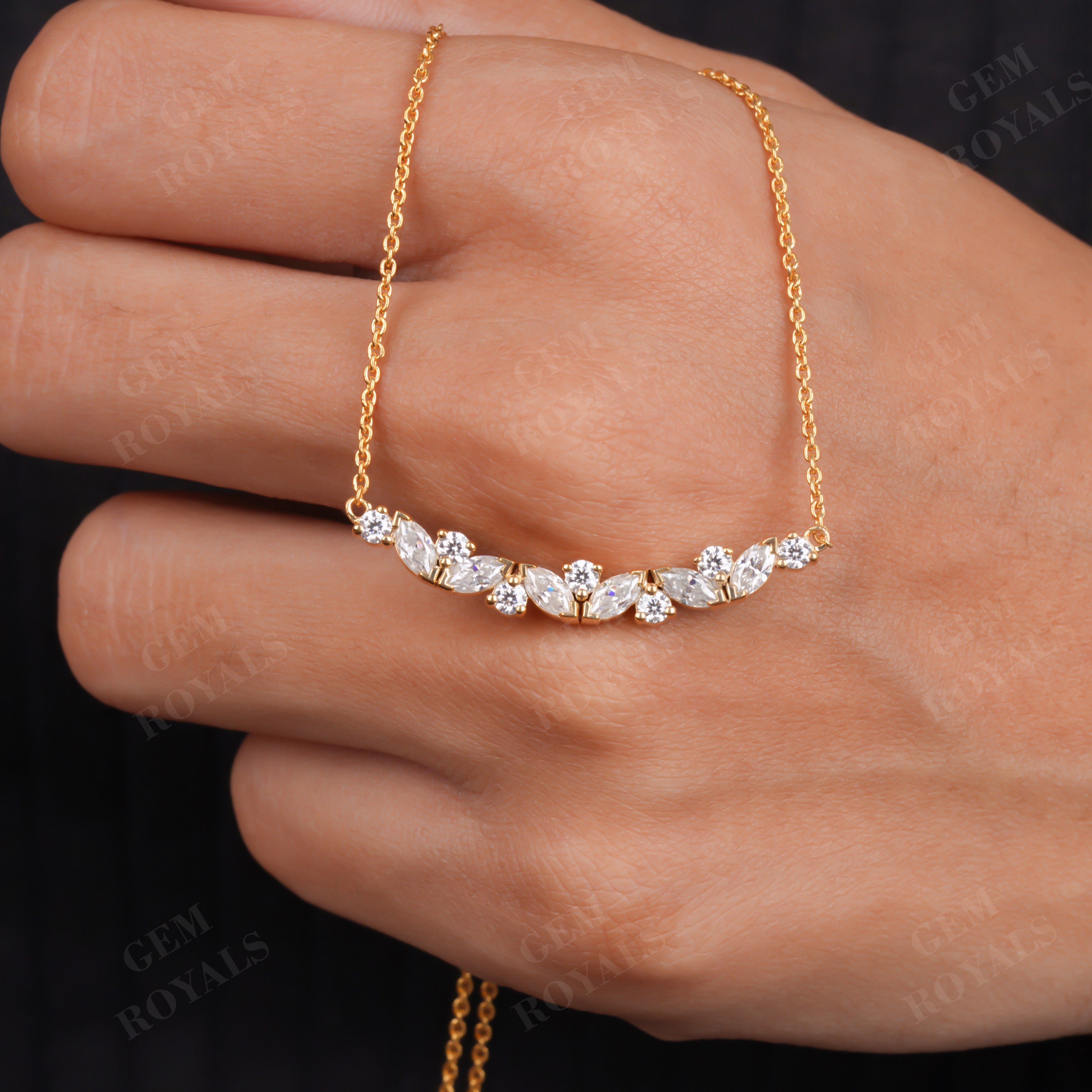 1.40TCW Marquise and Round Moissanite Cluster Curved Necklace