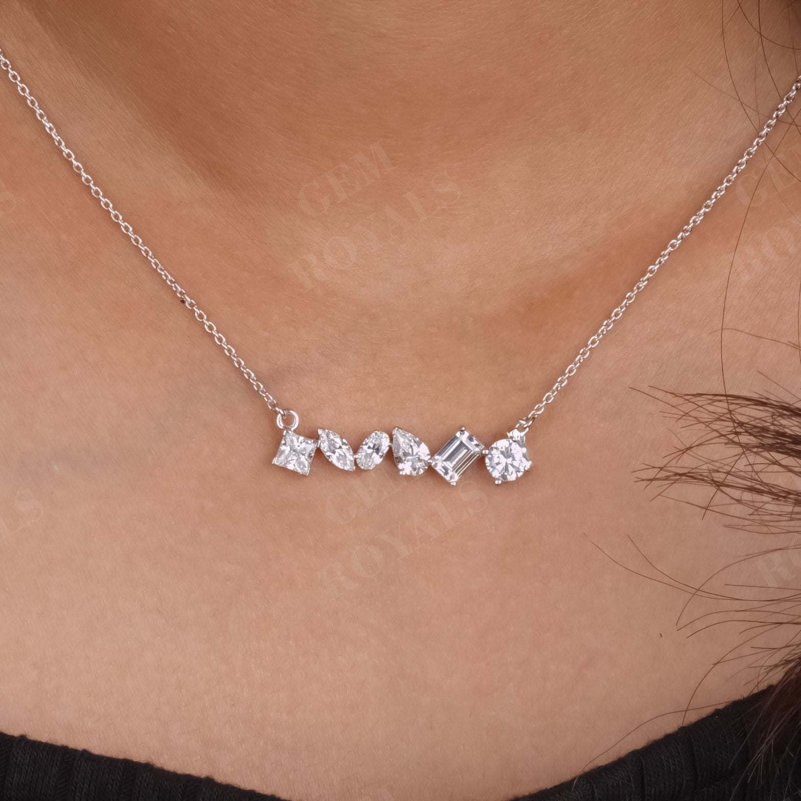 Moissanite Multi Fancy Shaped Cluster Bar Necklace