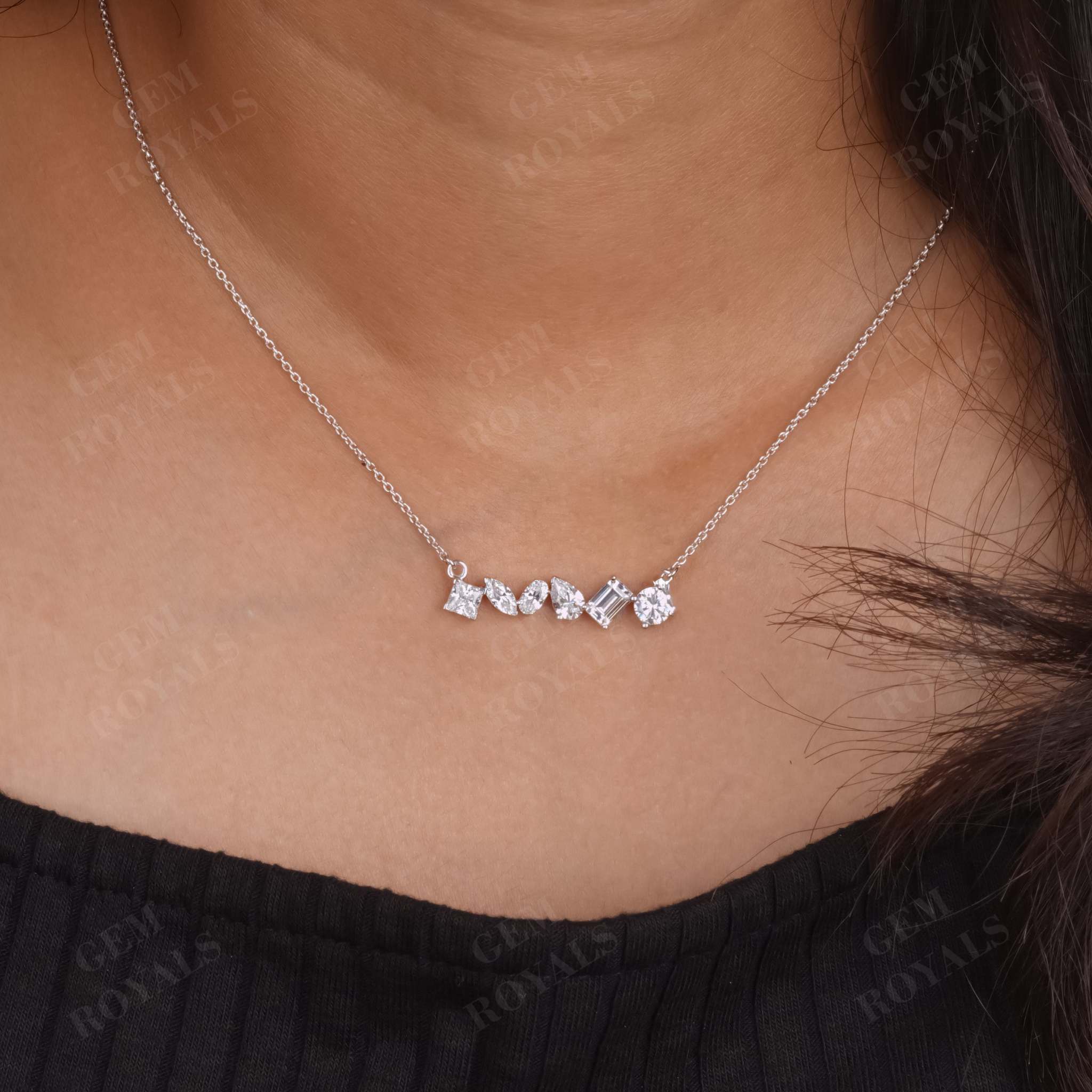 Moissanite Multi Fancy Shaped Cluster Bar Necklace