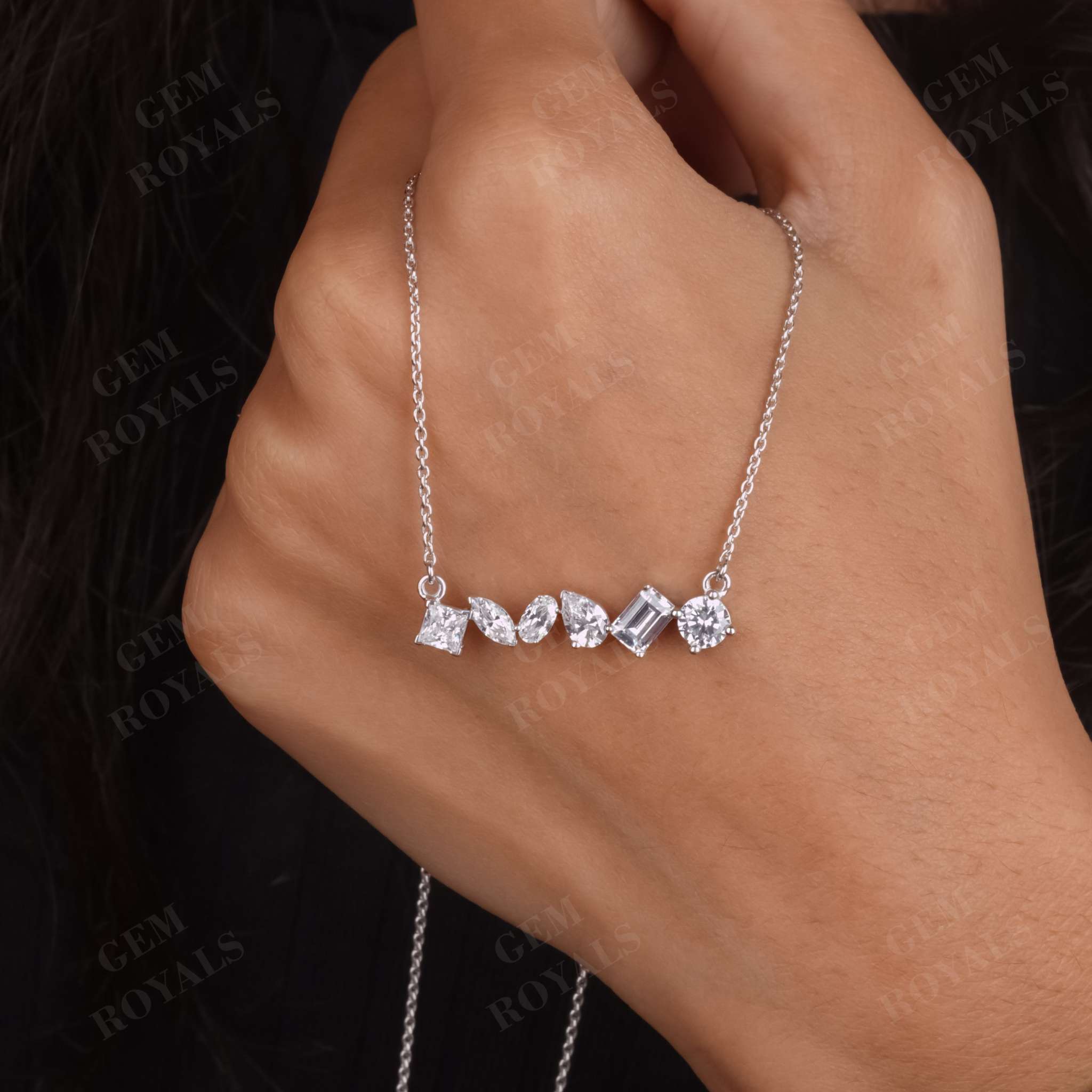 Moissanite Multi Fancy Shaped Cluster Bar Necklace