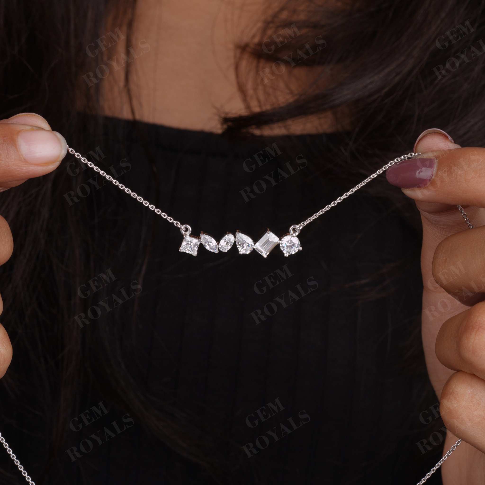 Moissanite Multi Fancy Shaped Cluster Bar Necklace