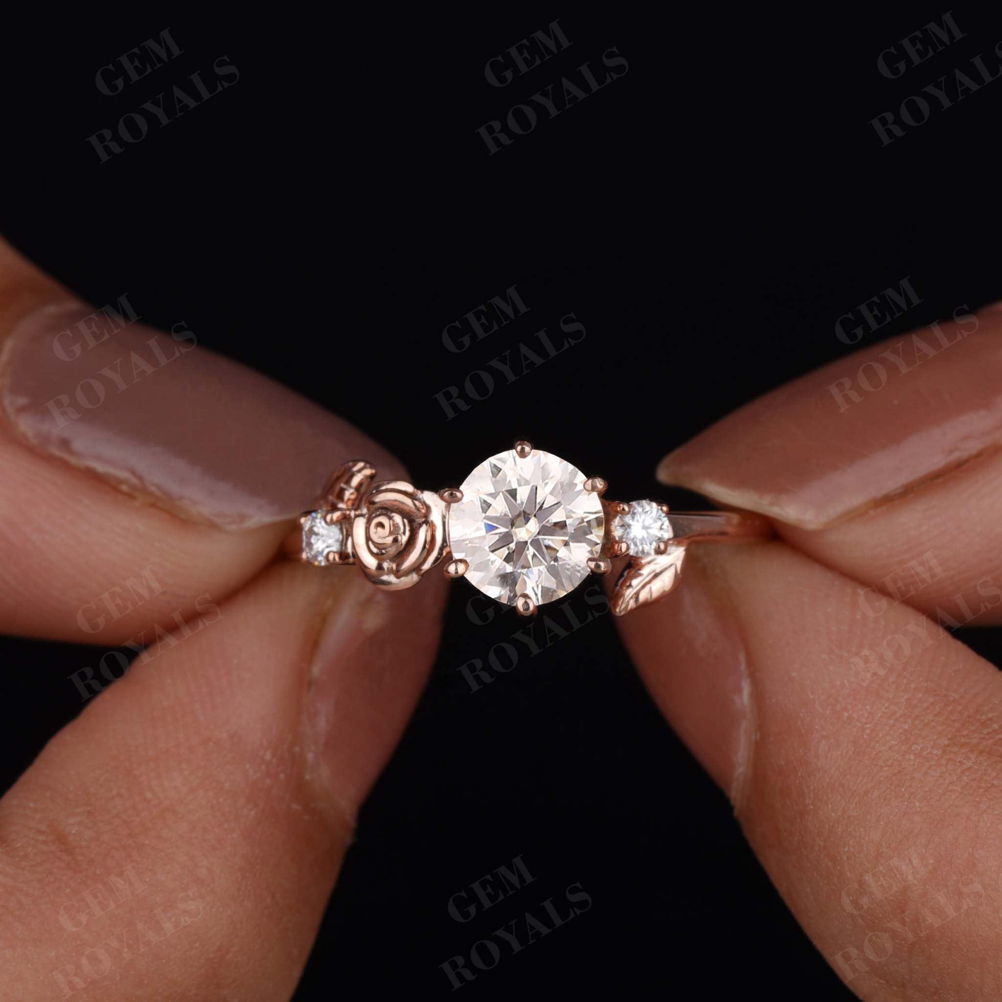 Round Brilliant Cut Moissanite Flower Leaf Design Ring