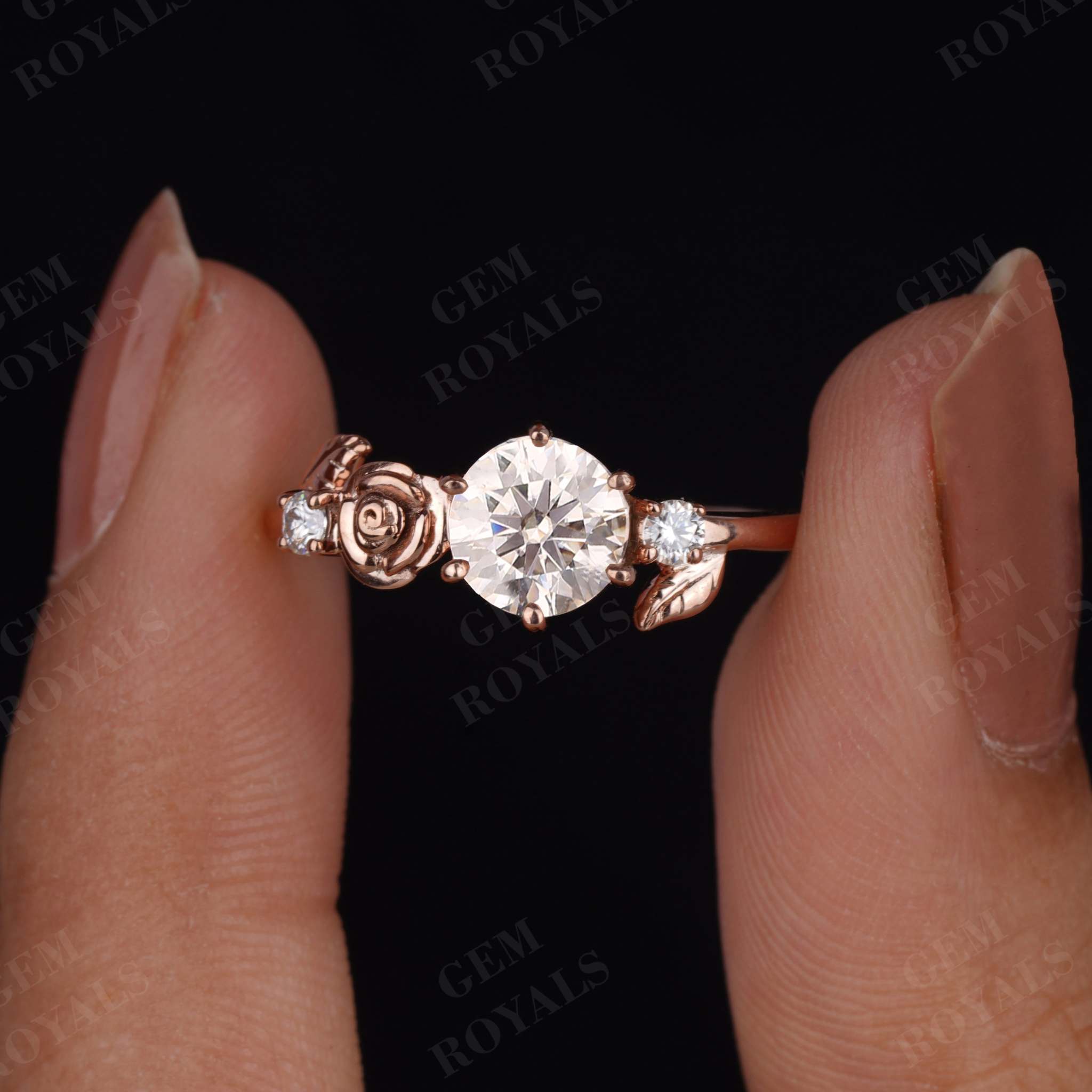 Round Brilliant Cut Moissanite Flower Leaf Design Ring