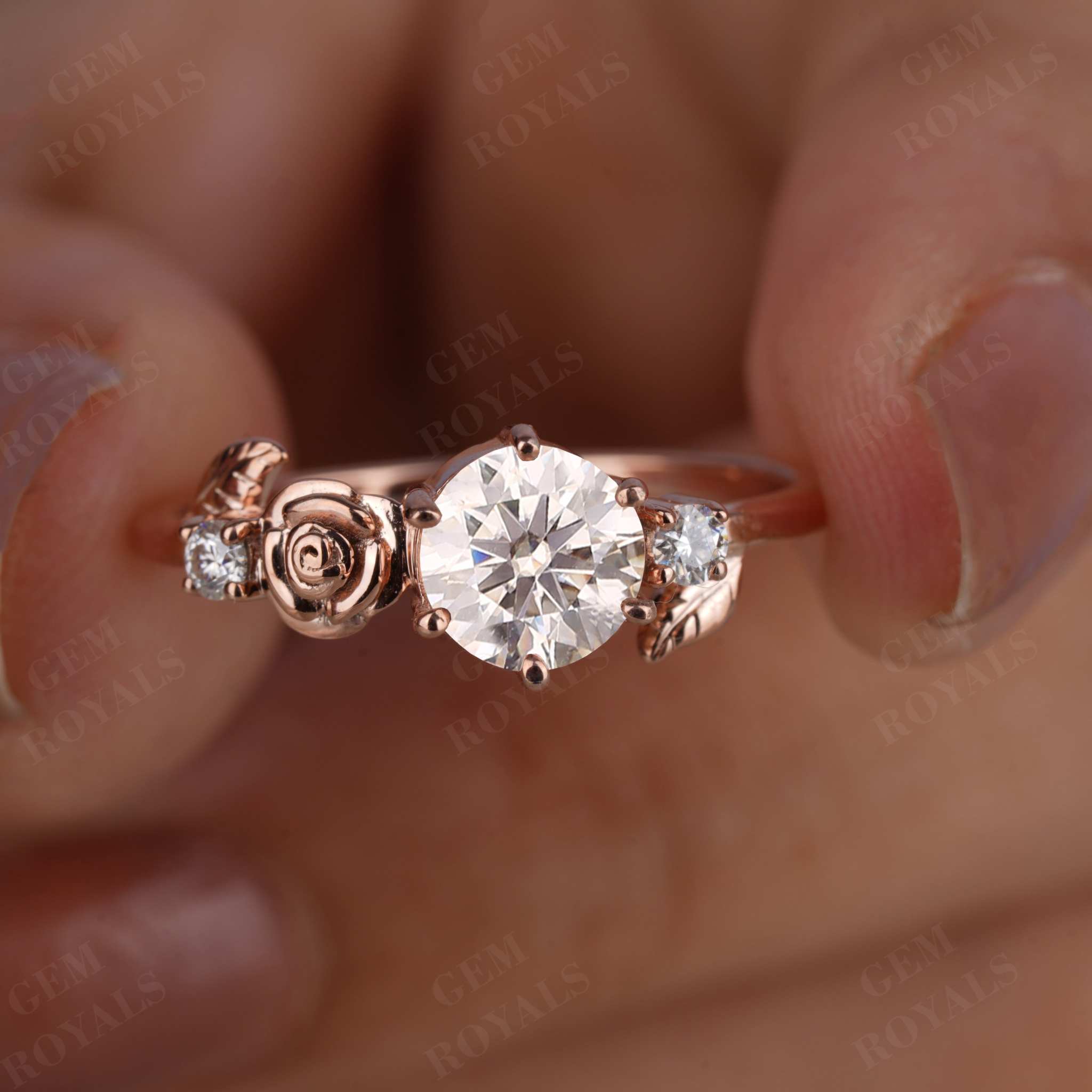 Round Brilliant Cut Moissanite Flower Leaf Design Ring