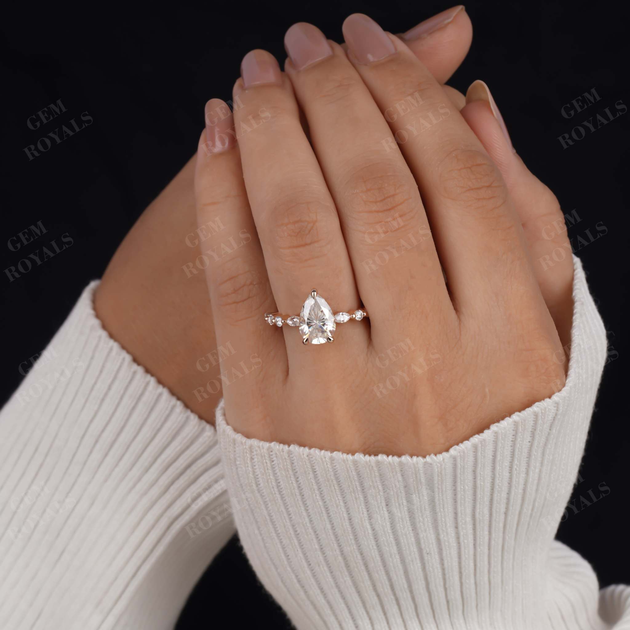 Pear Shaped Moissanite Hidden Halo Pave Engagement Ring