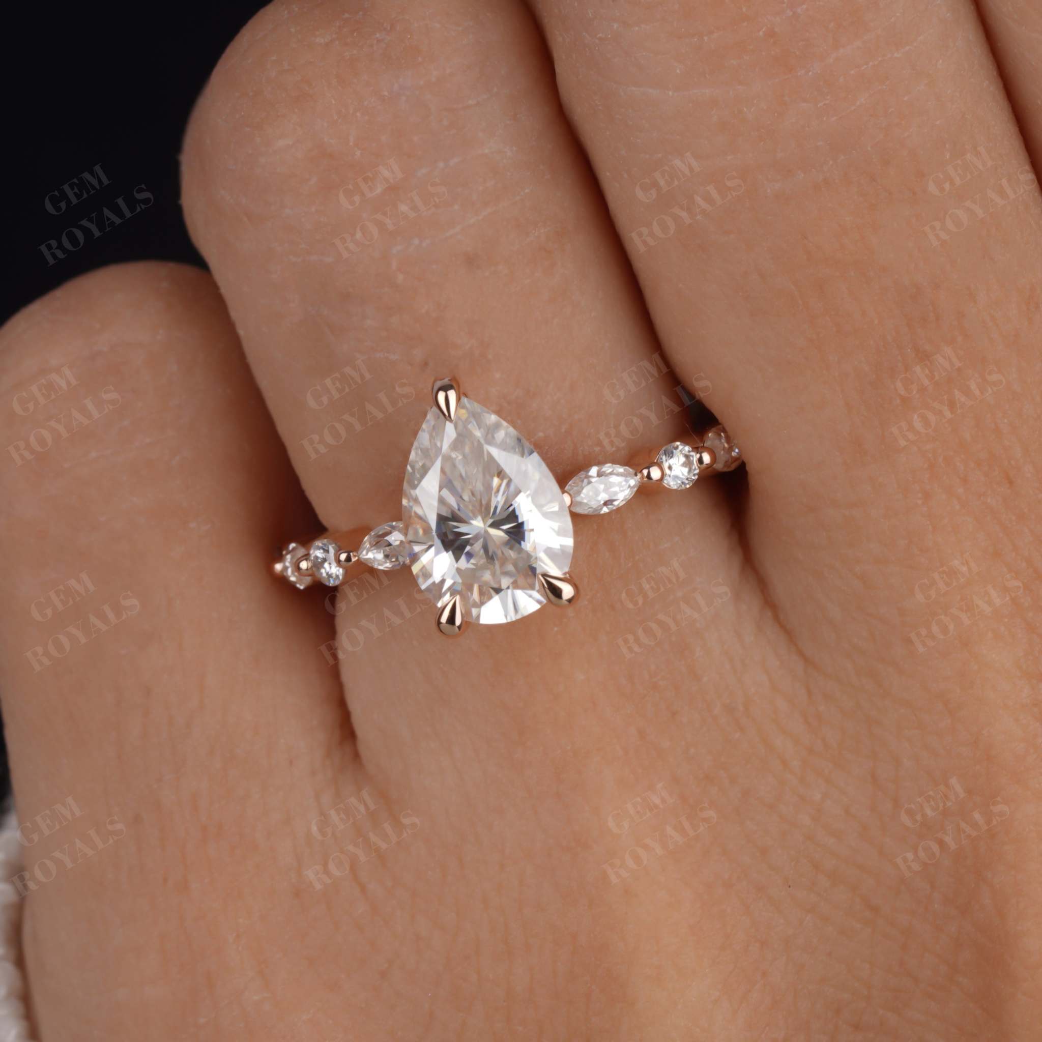 Pear Shaped Moissanite Hidden Halo Pave Engagement Ring