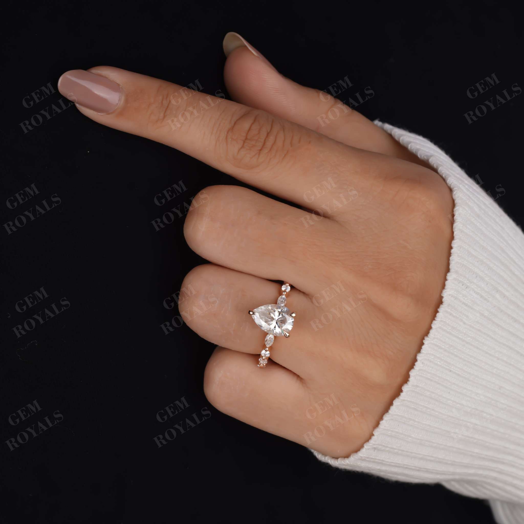 Pear Shaped Moissanite Hidden Halo Pave Engagement Ring