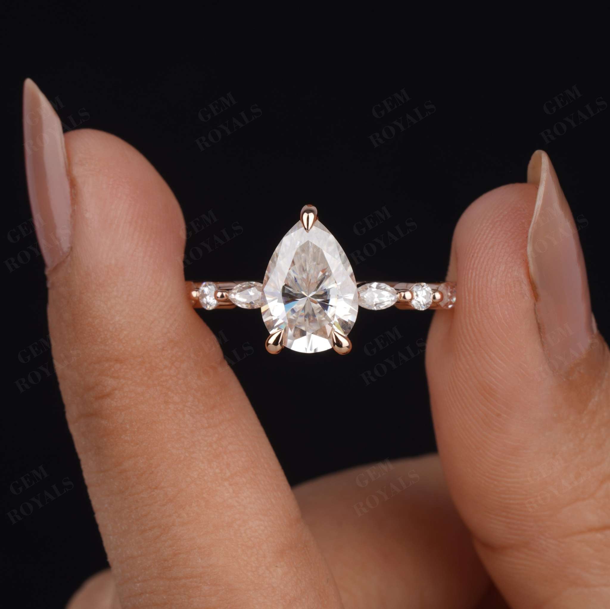 Pear Shaped Moissanite Hidden Halo Pave Engagement Ring