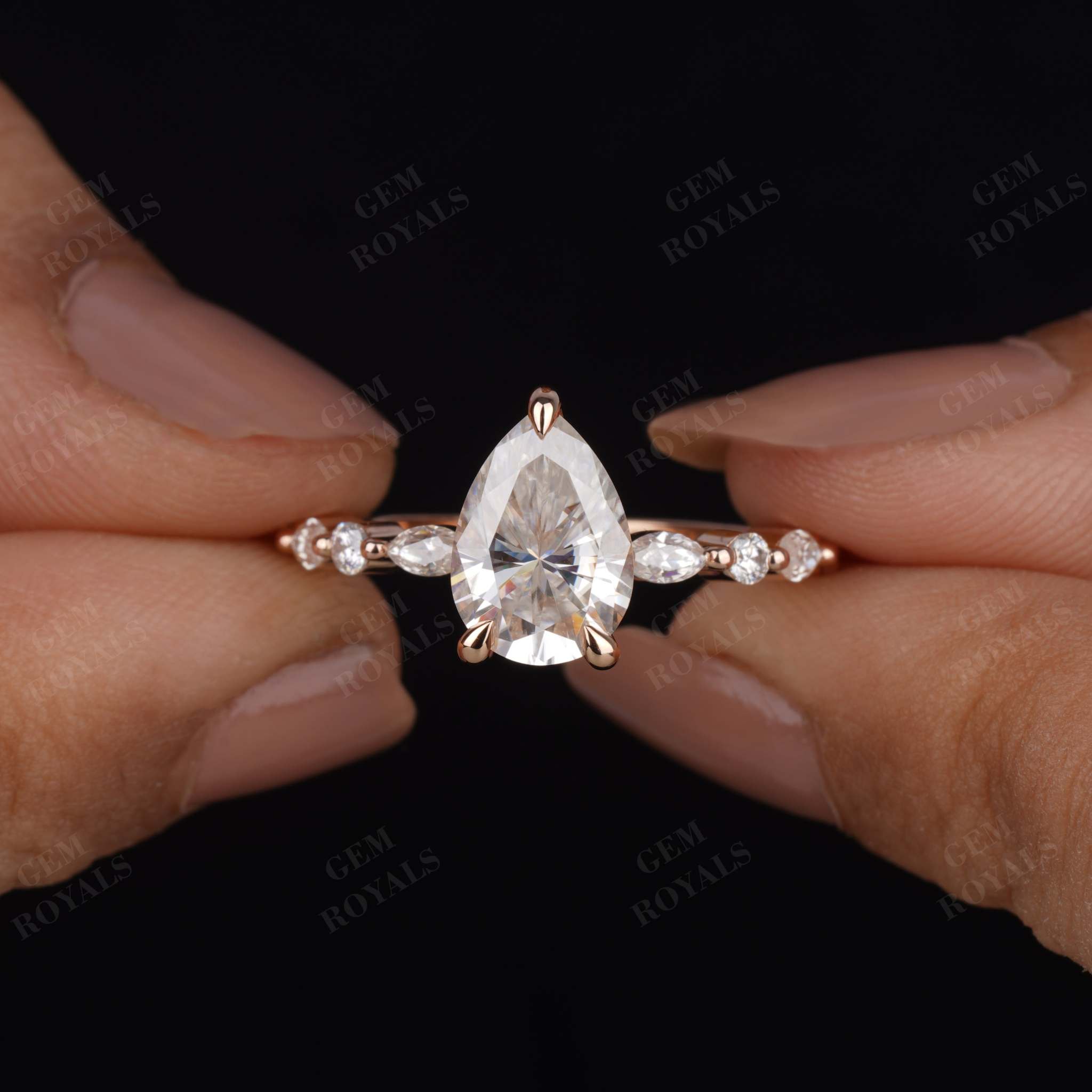 Pear Shaped Moissanite Hidden Halo Pave Engagement Ring