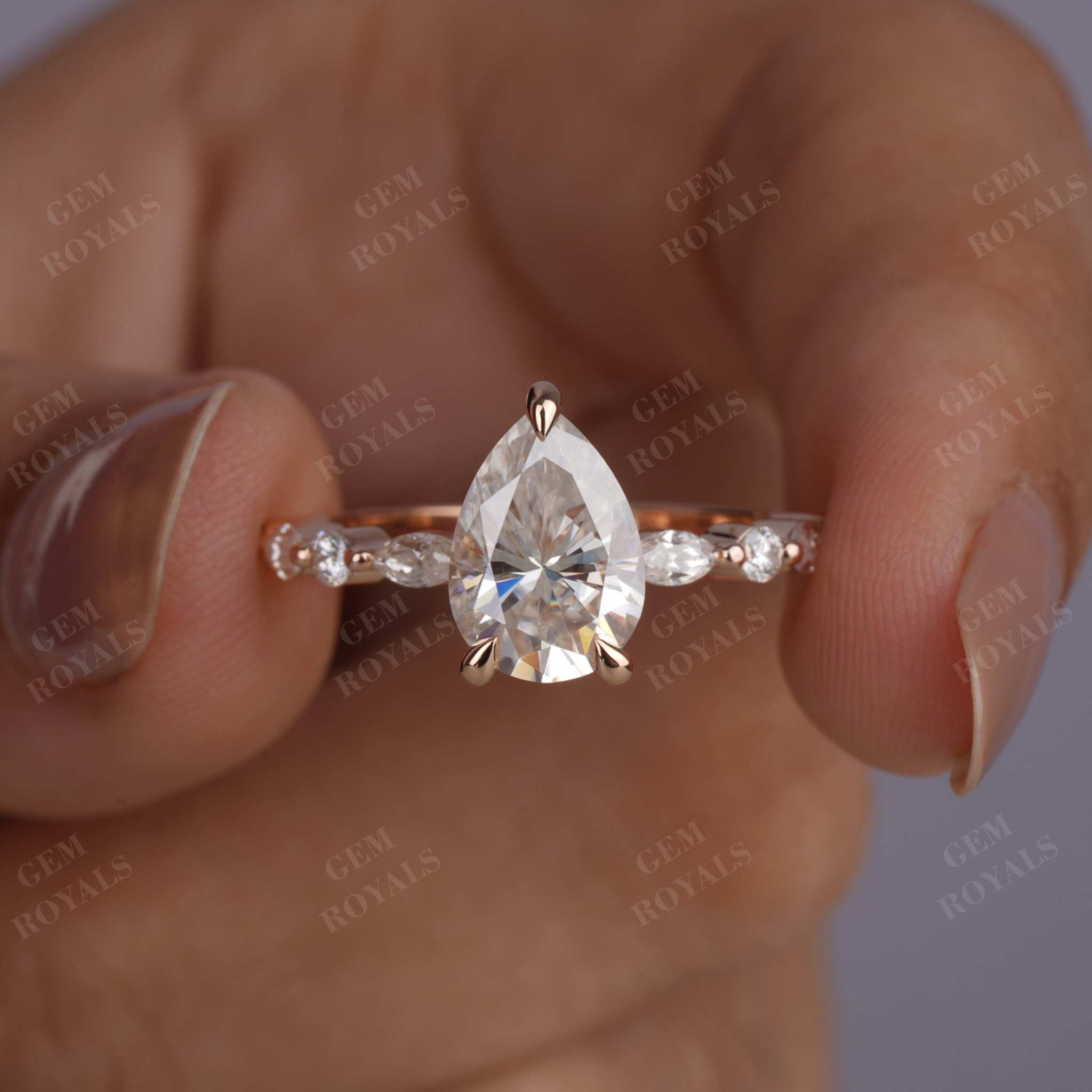 Pear Shaped Moissanite Hidden Halo Pave Engagement Ring