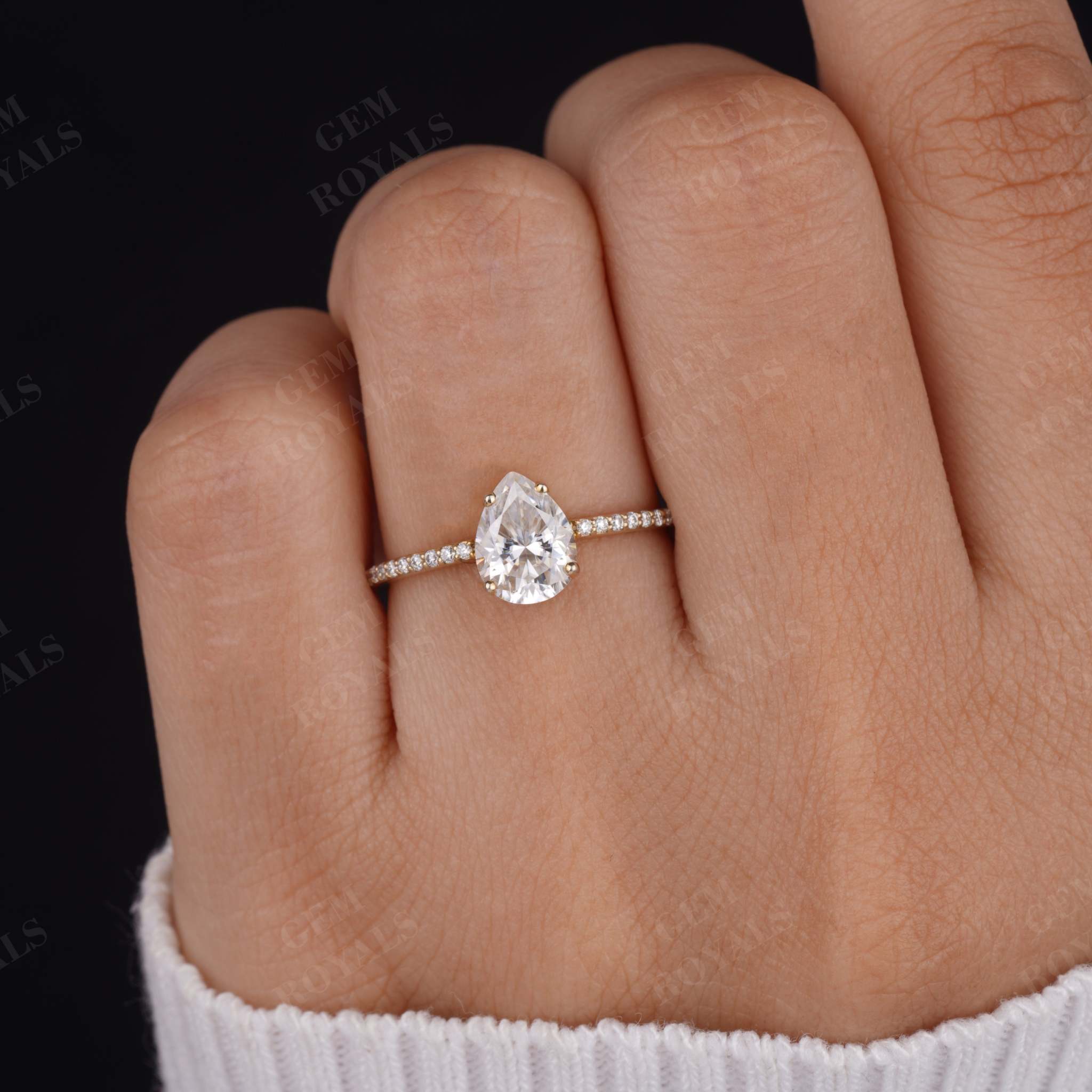 Pear Moissanite Solitaire Pave Set Engagement Ring Fifth