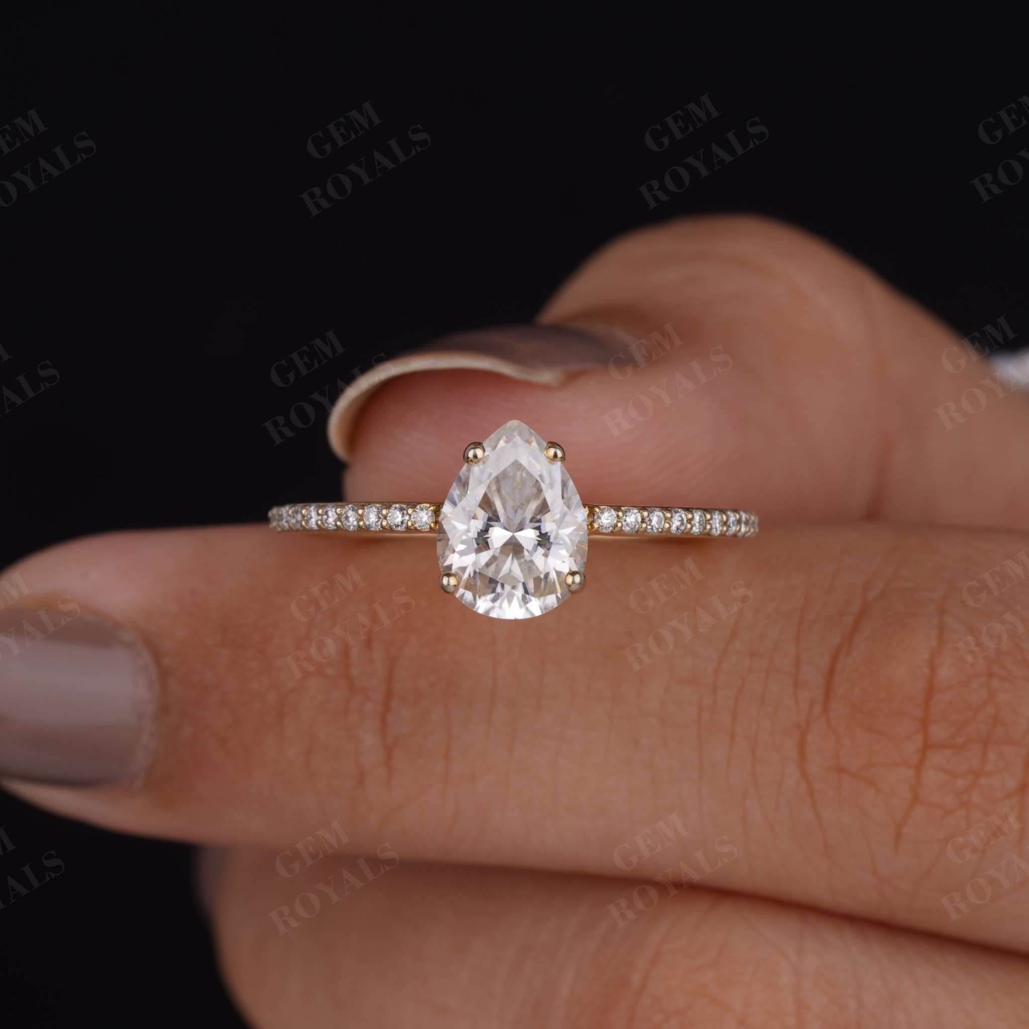 Pear Moissanite Solitaire Pave Set Engagement Ring Sixth