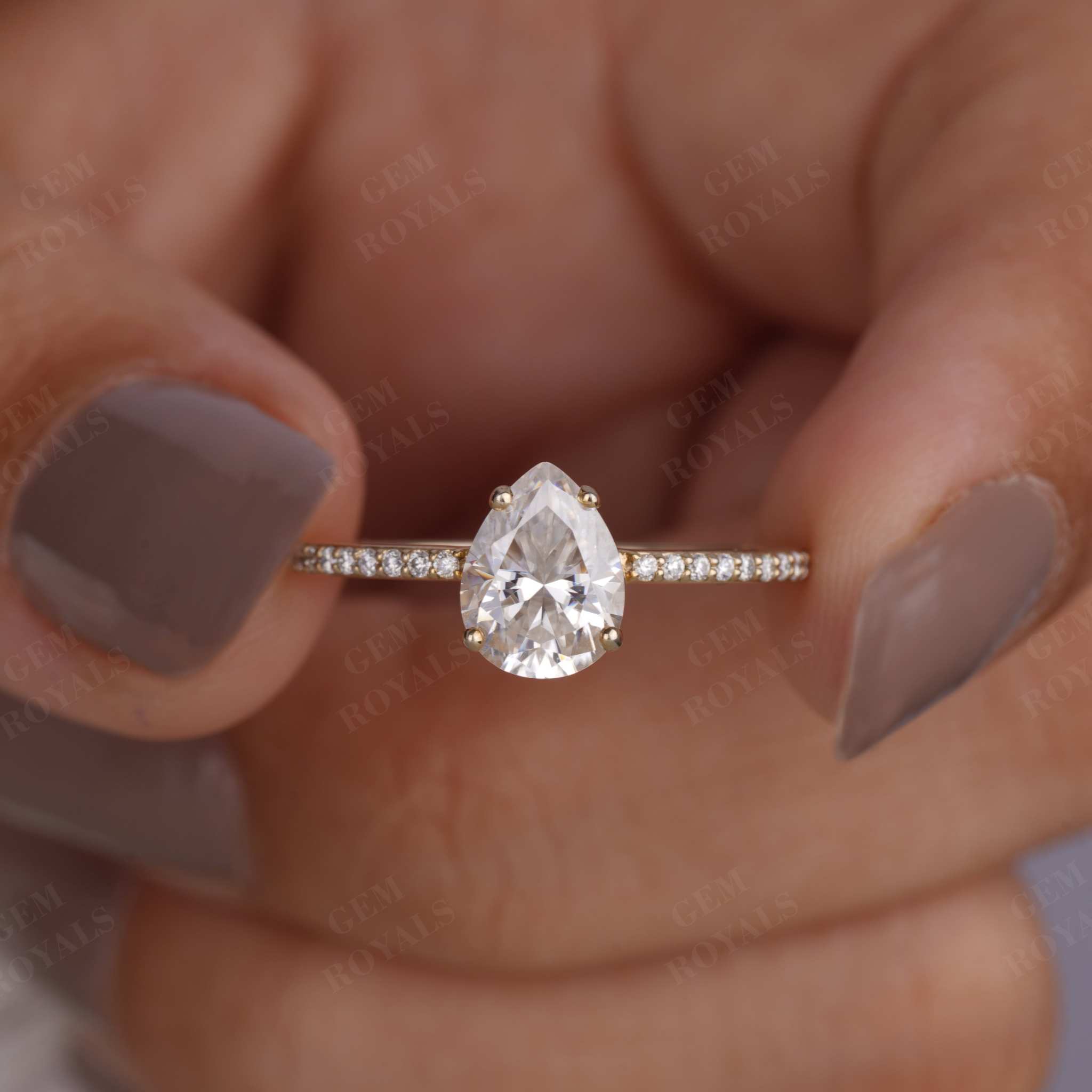 Pear Moissanite Solitaire Pave Set Engagement Ring Seven