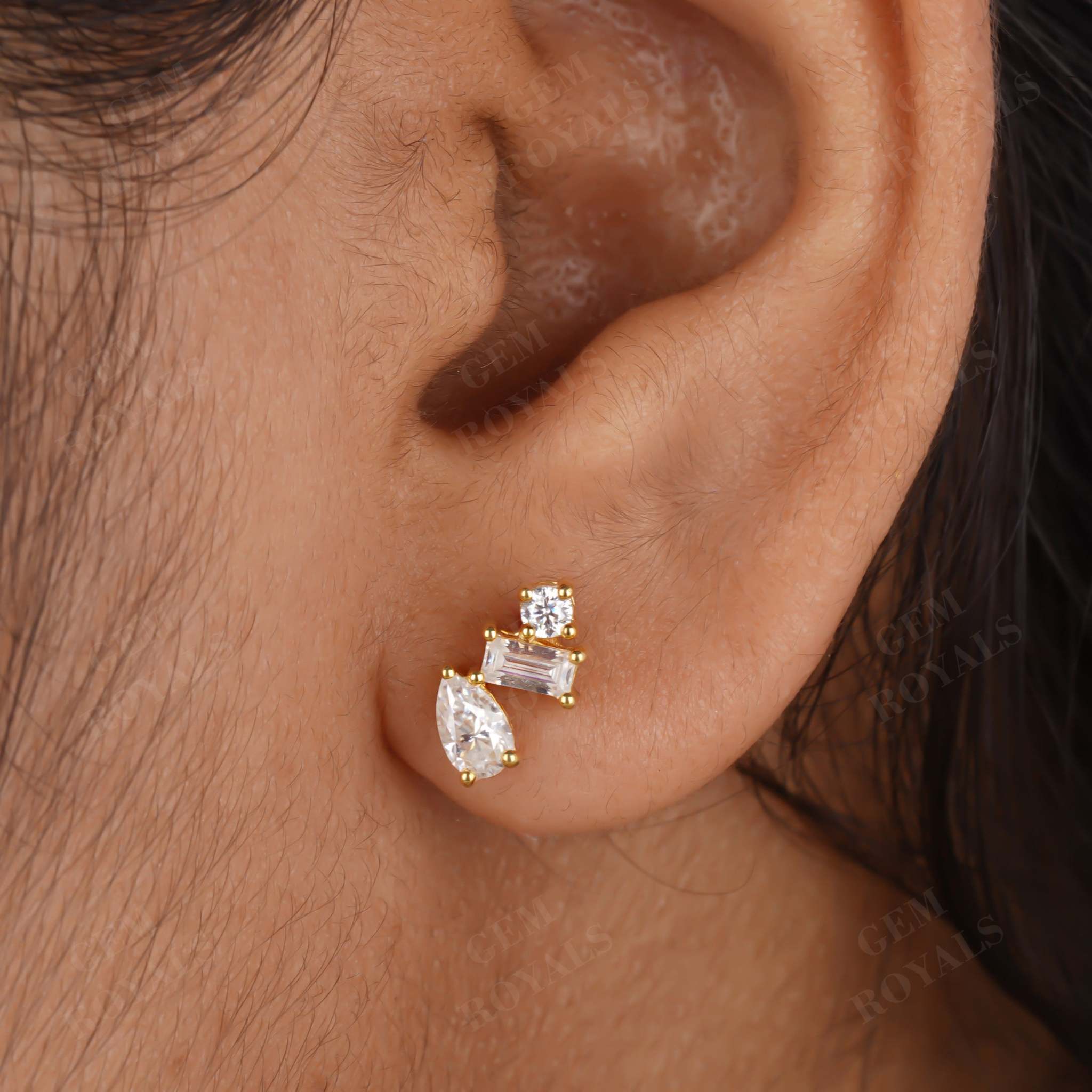 Three Stone Cluster Pear Baguette and Round Moissanite Stud Earrings