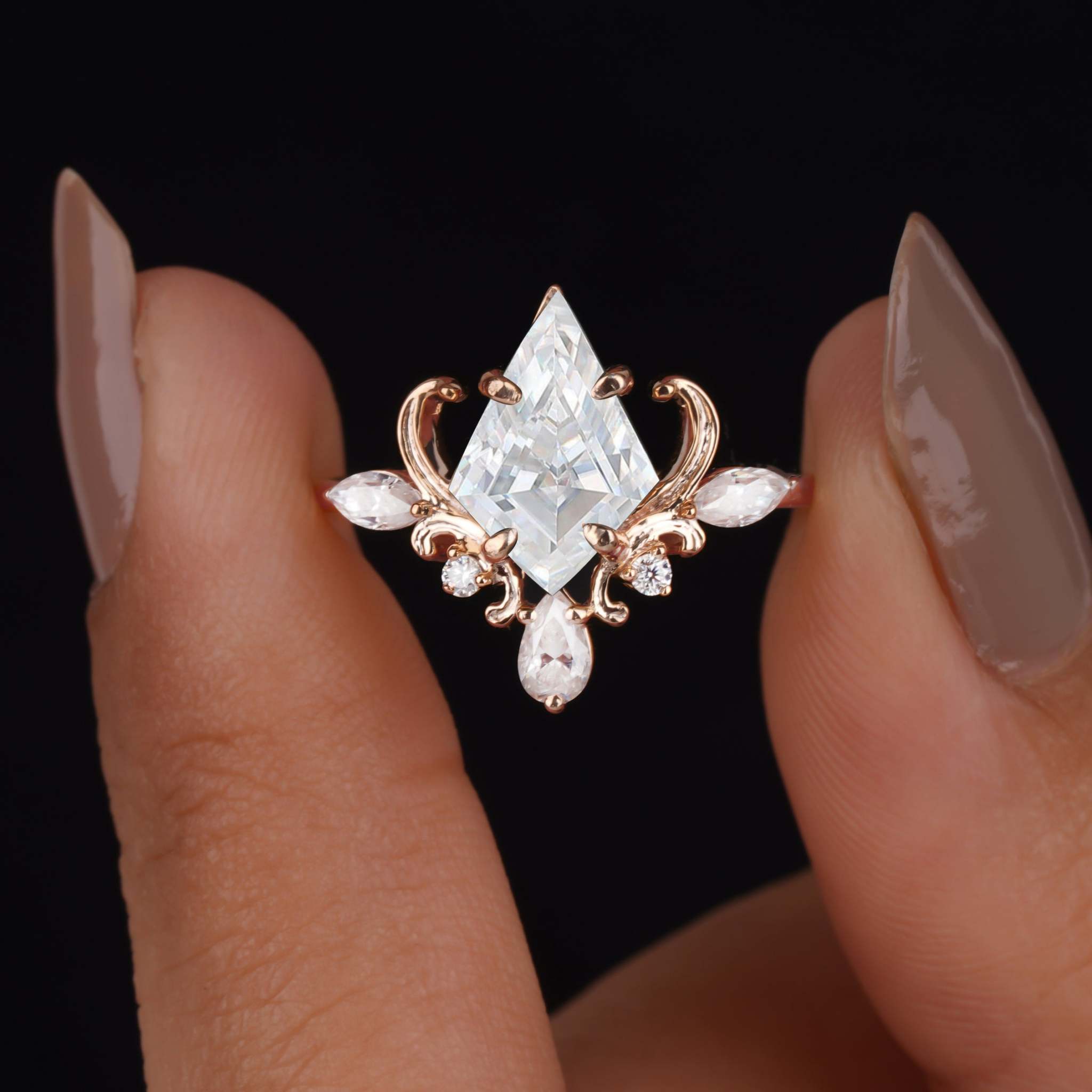 Vintage Style Unique Kite Shaped Moissanite Engagement Ring