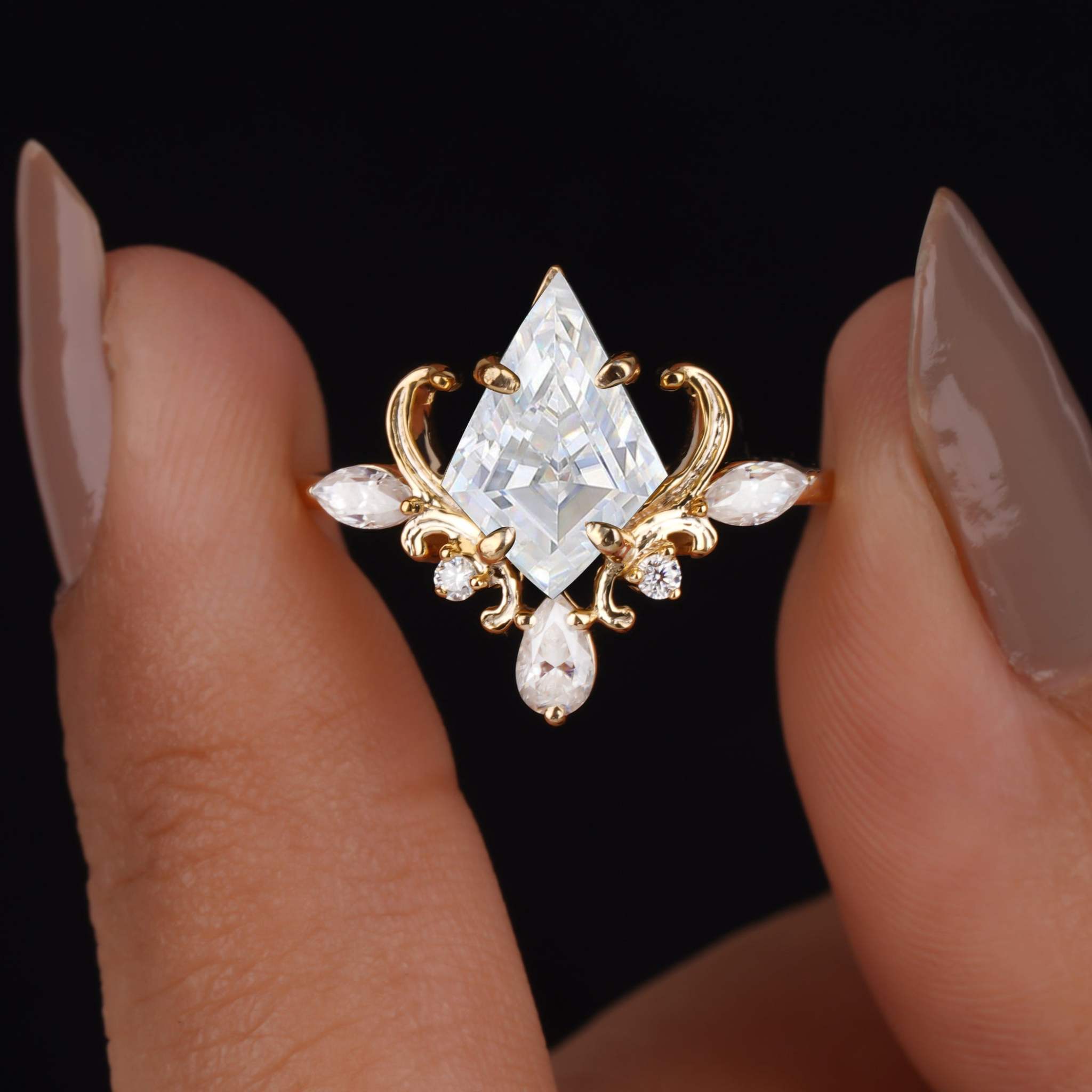 Vintage Style Unique Kite Shaped Moissanite Engagement Ring