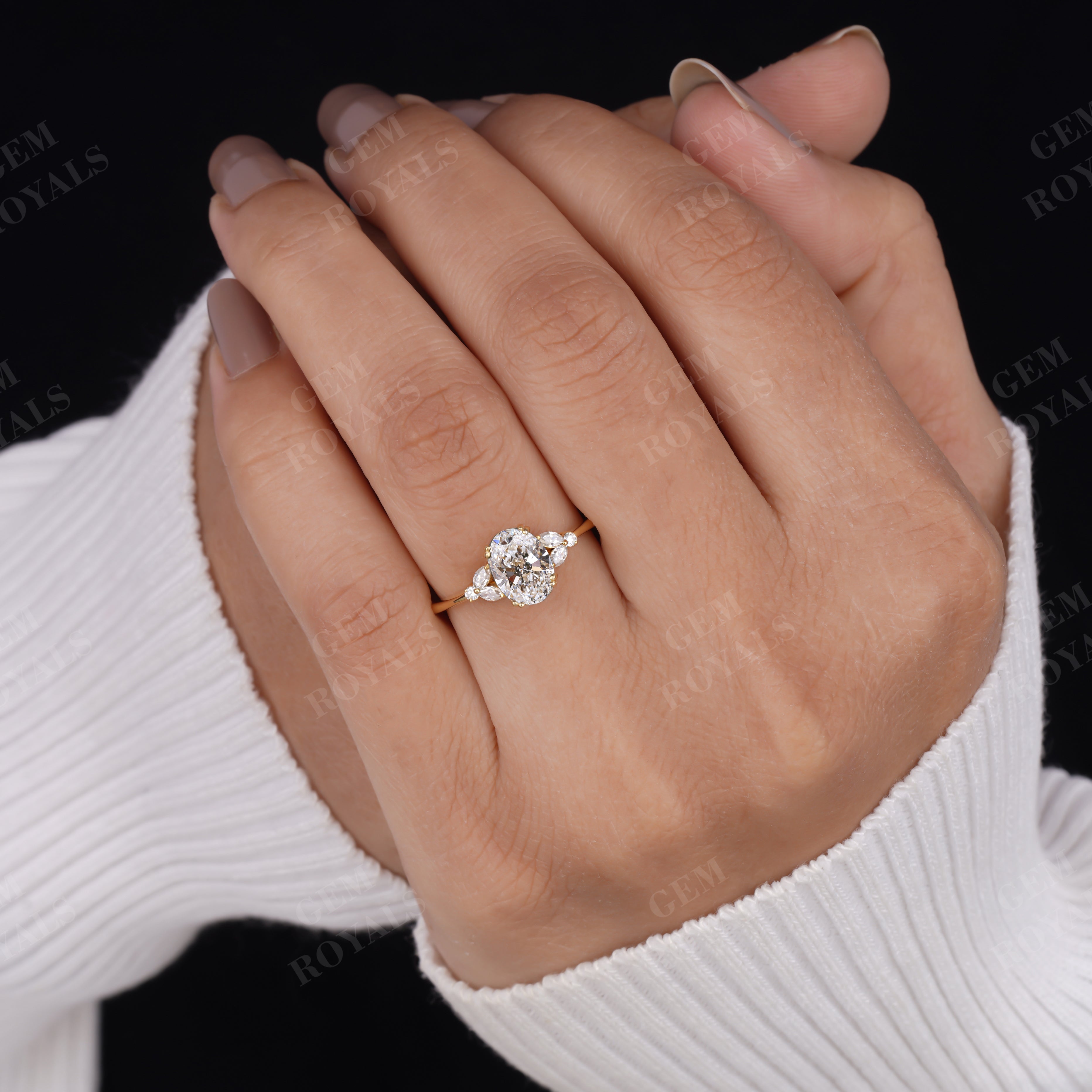 Oval Shaped Lab Grown Diamond Cluster Engagement Ring