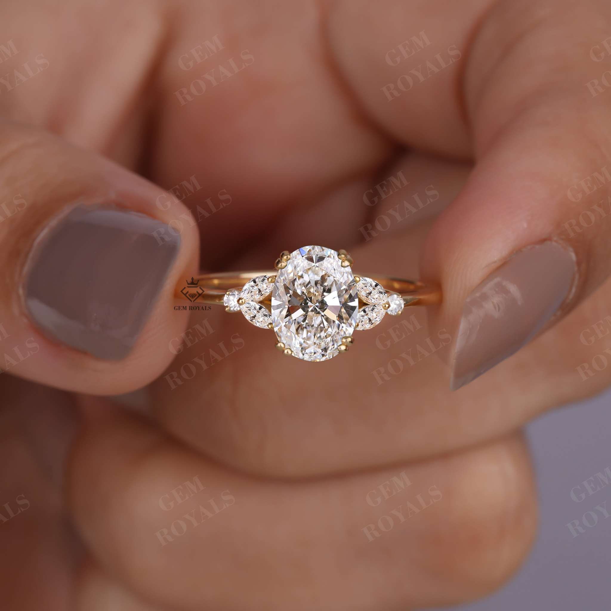 Oval Shaped Lab Grown Diamond Cluster Engagement Ring