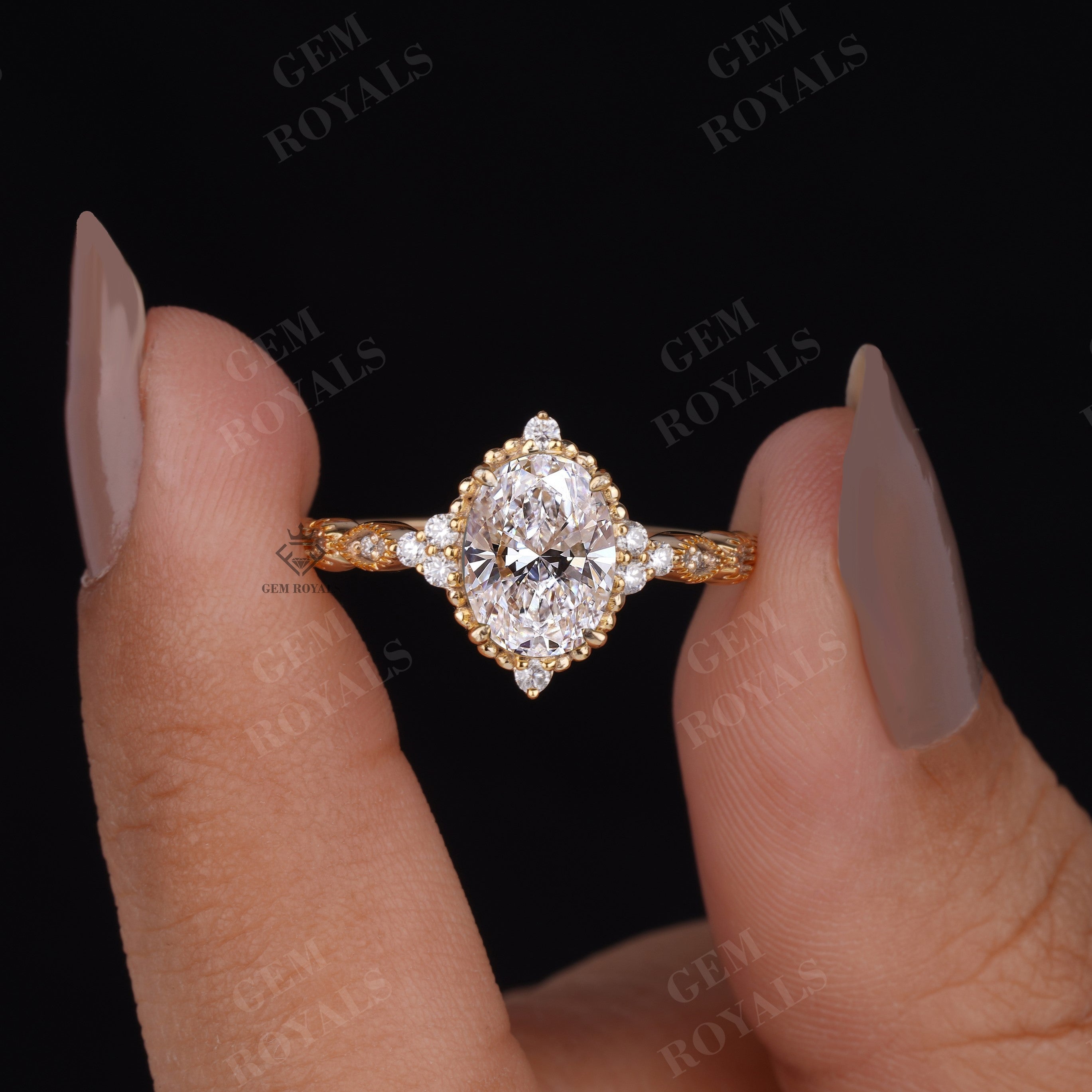 Vintage Art Deco Oval Cut Lab Grown Diamond Engagement Ring