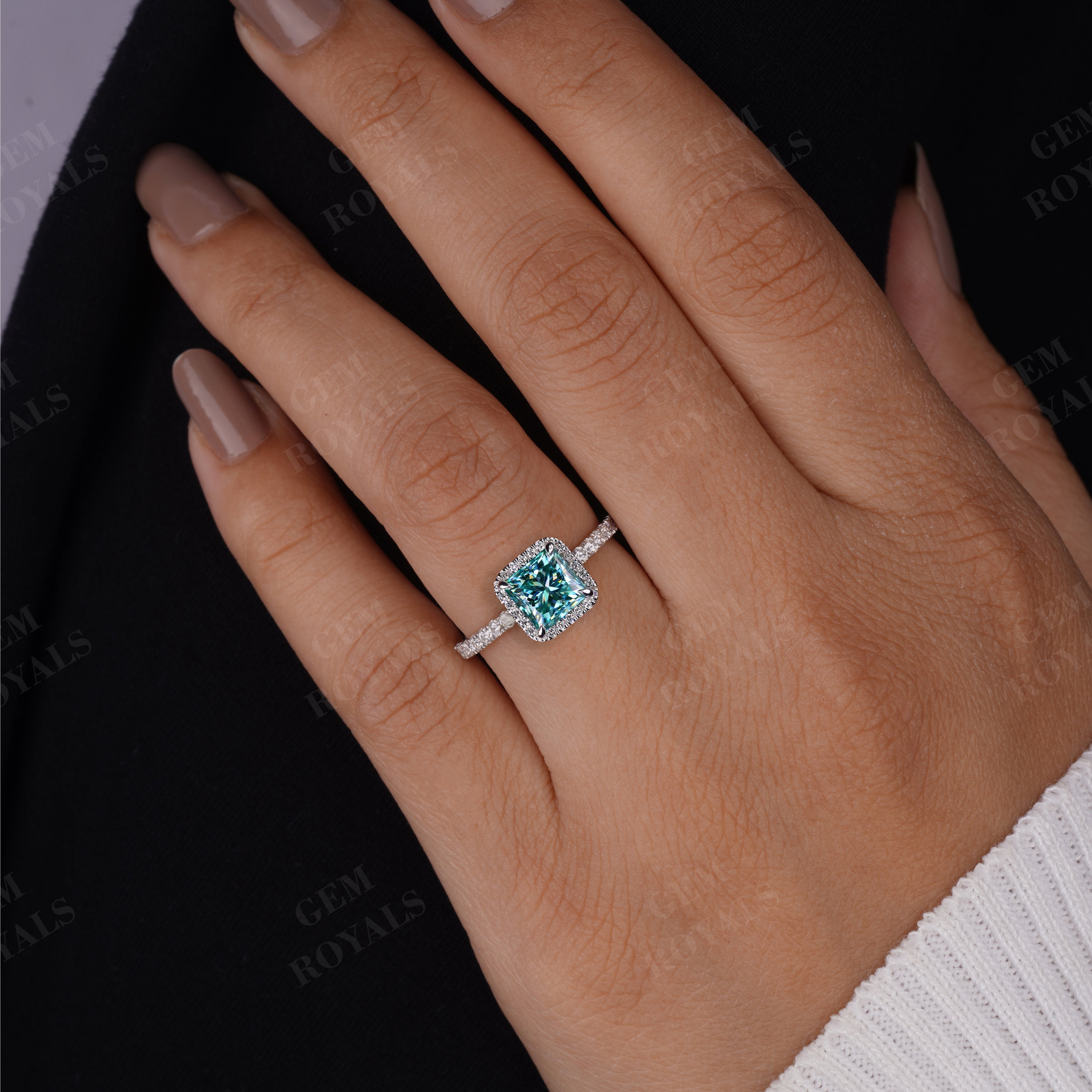 Cyan Blue Princess Cut Moissanite Halo With Pave Engagement Ring