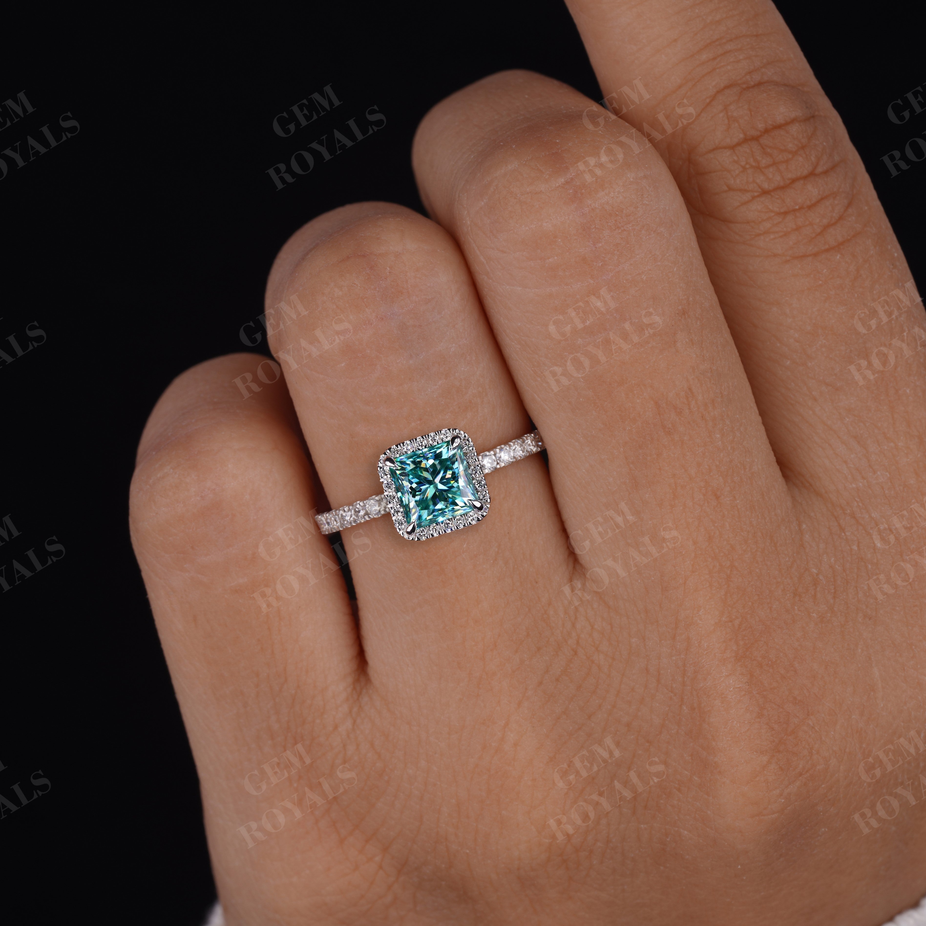 Cyan Blue Princess Cut Moissanite Halo With Pave Engagement Ring