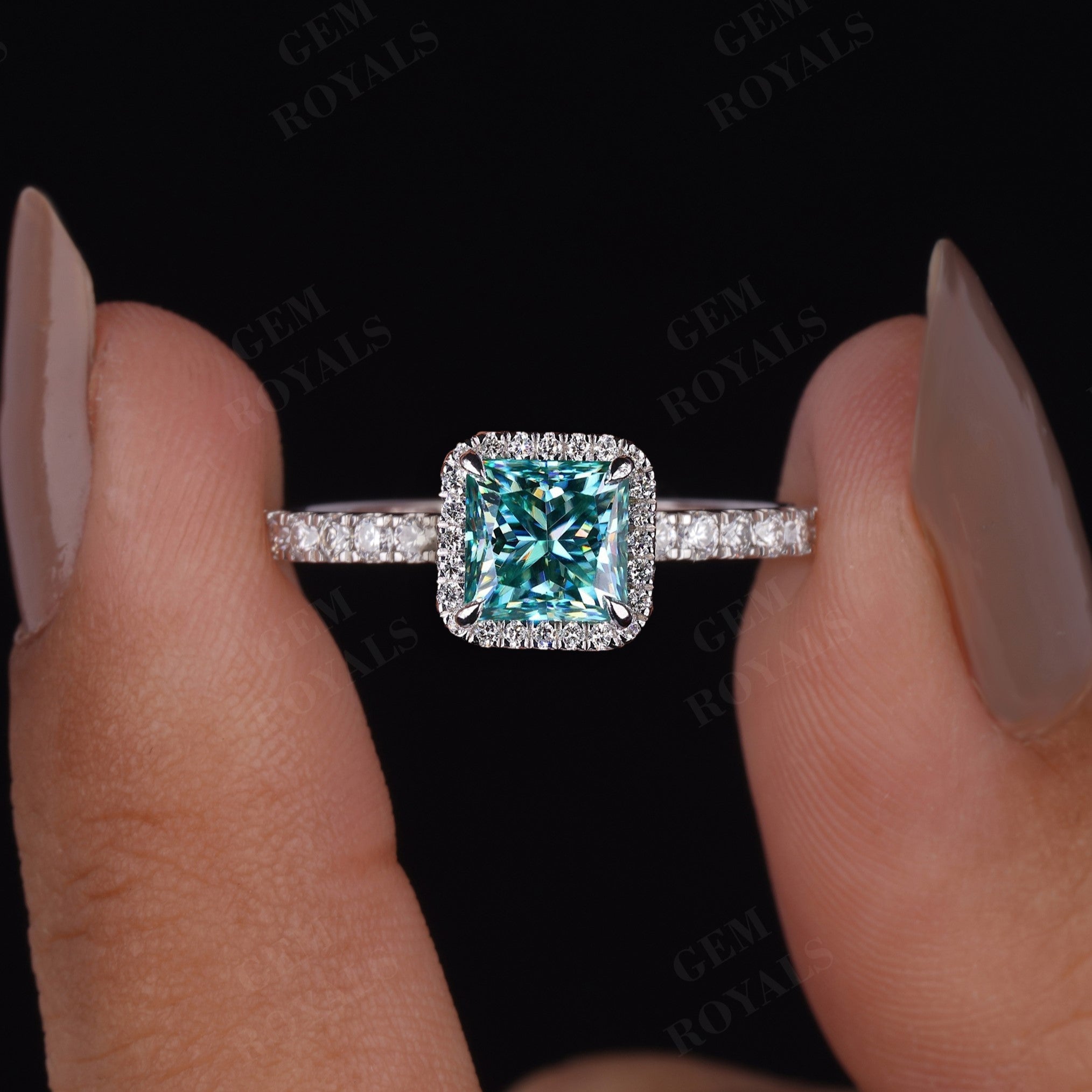 Cyan Blue Princess Cut Moissanite Halo With Pave Engagement Ring