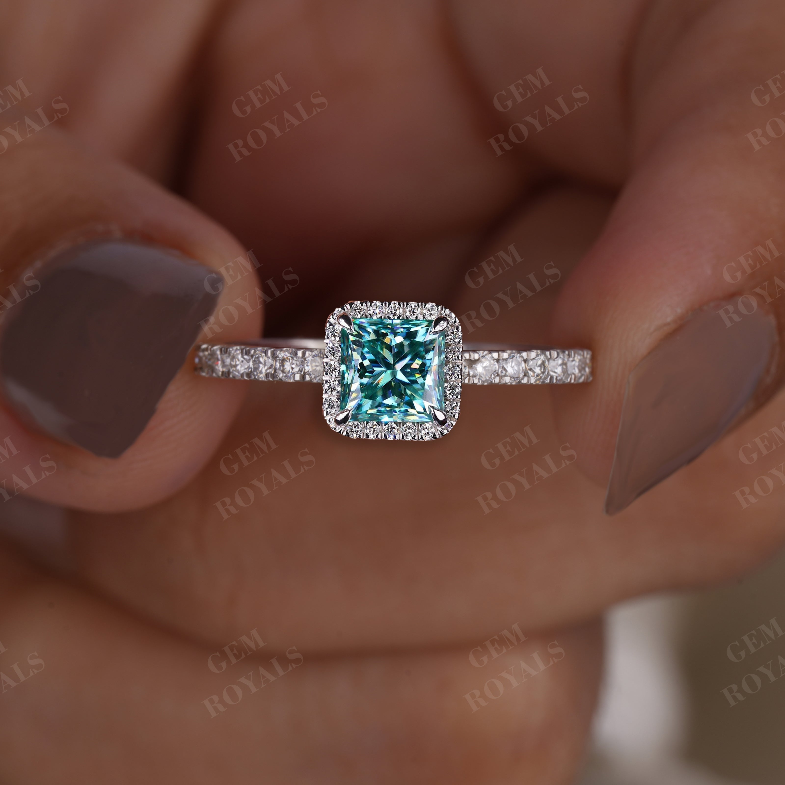 Cyan Blue Princess Cut Moissanite Halo With Pave Engagement Ring