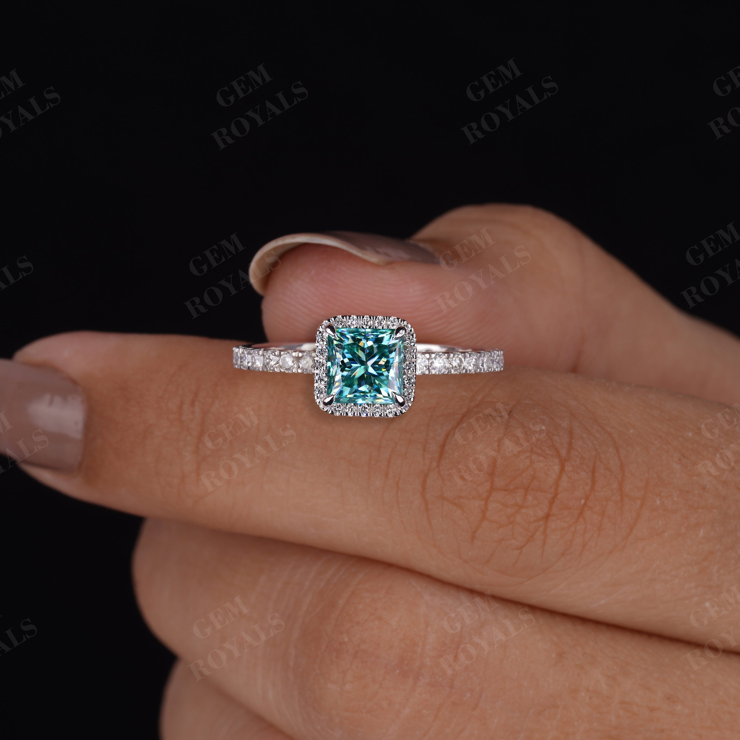 Cyan Blue Princess Cut Moissanite Halo With Pave Engagement Ring