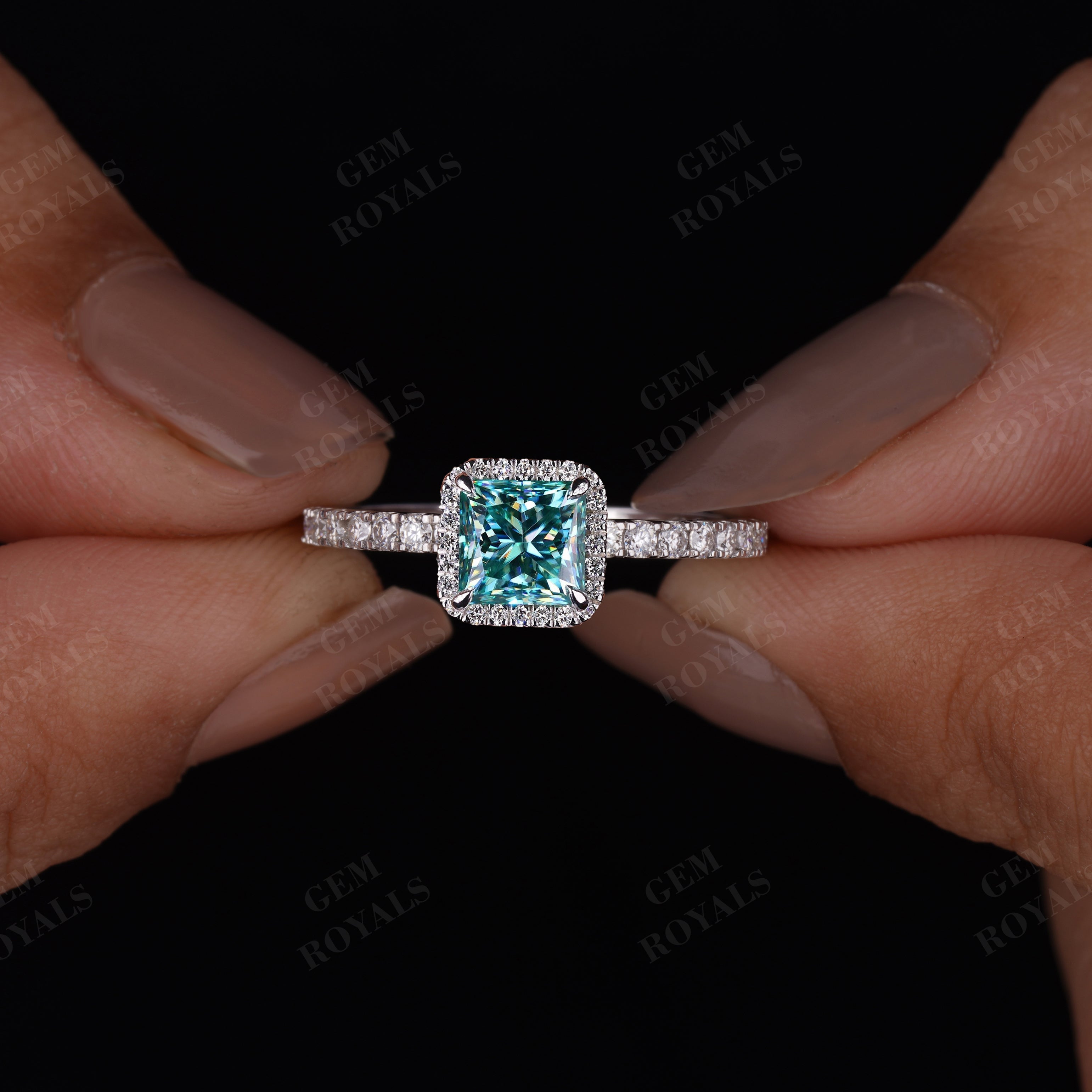 Cyan Blue Princess Cut Moissanite Halo With Pave Engagement Ring