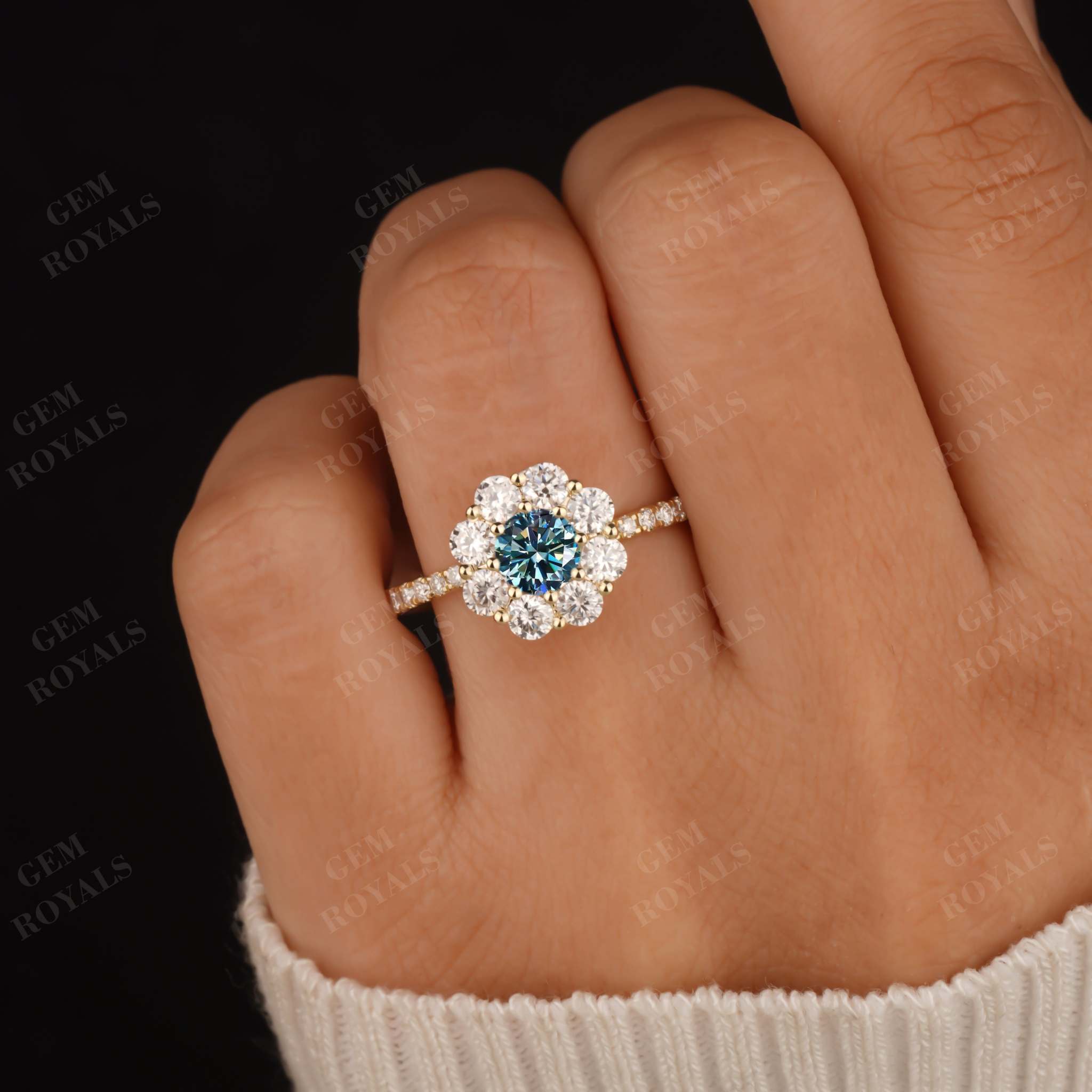 Round Cyan Blue Moissanite Flower Style Halo Engagement Ring